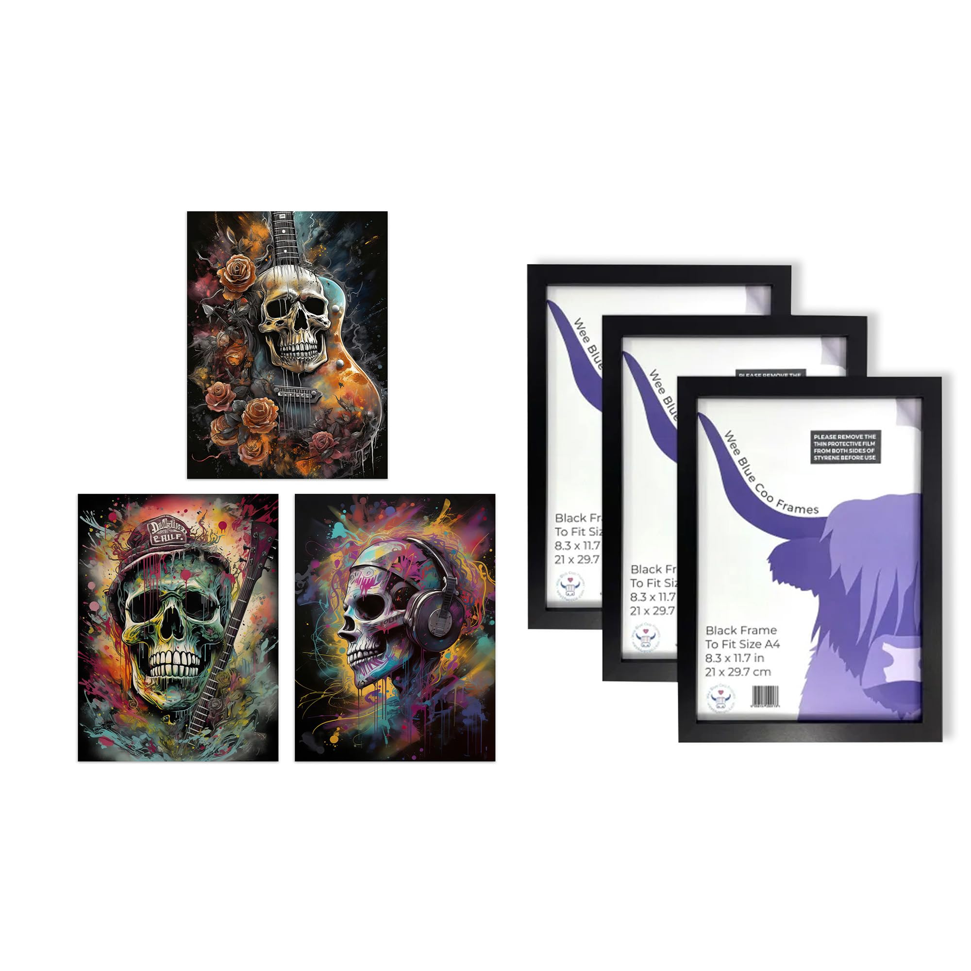 Artery8 Music Skulls Wall Art - Set of 3 A4 Sized Art with Black Frames - Thrash Metal Death Guitar Brutal Horror