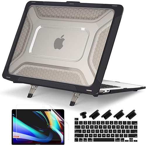 Batianda Protective Case for MacBook Pro 13 inch Case M2 Chip 2022 2020 Release A2338 M1 A2289 A2251 Model,Heavy Duty Honeycomb Hard Shell with TPU Bumper and Fold Kickstand & Keyboard Cover, Black