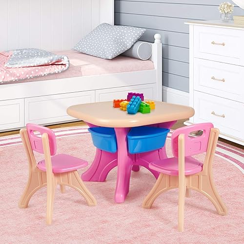 Miniatura 7 de HONEY JOY Juego de mesa y silla para niños, mesa de actividades de plástico para niños y 2 sillas con contenedores de almacenamiento, juego de