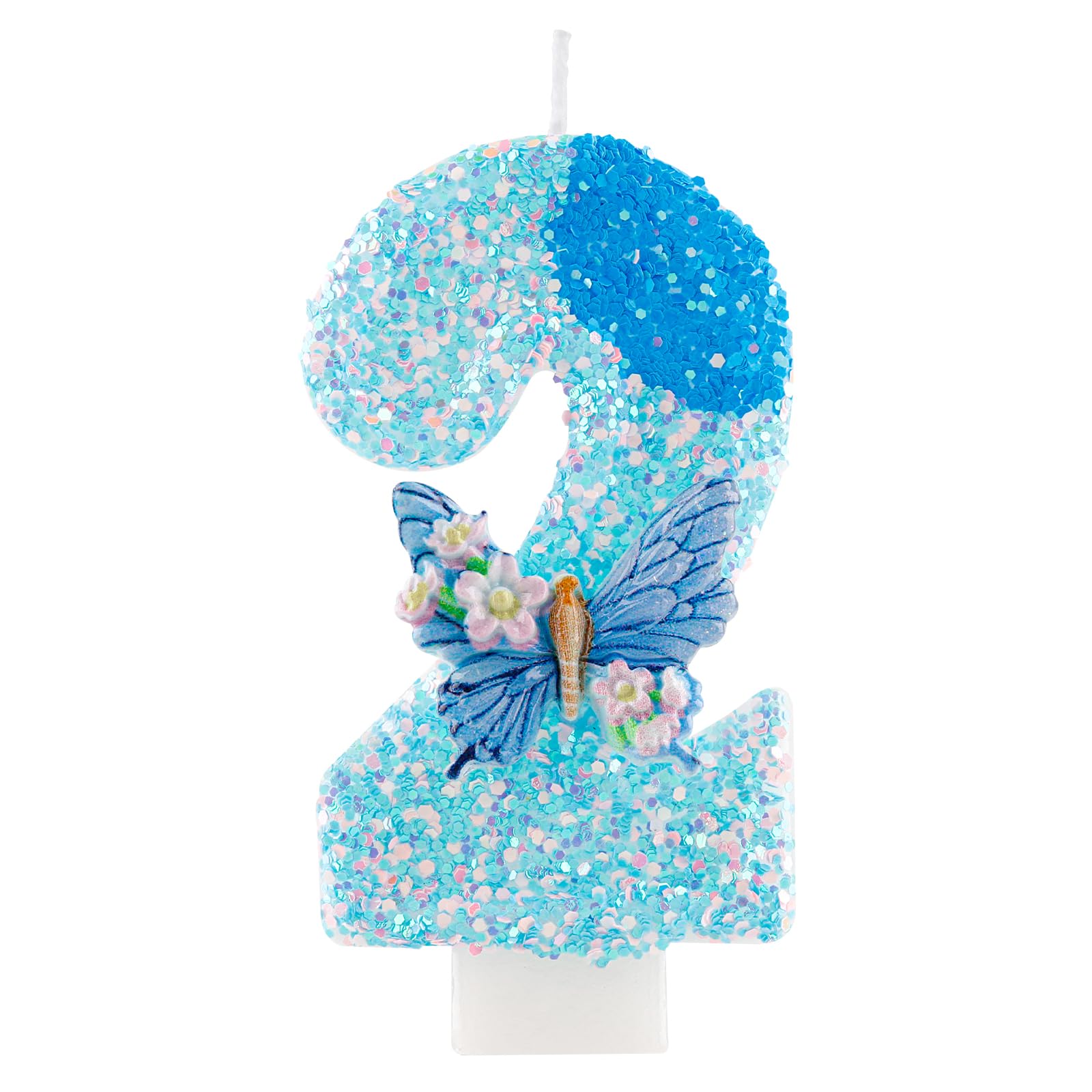 Yiran Number 2 Birthday Candle, Blue Butterfly Glitter Candle for 2nd Birthday Cake, Blue Pink Sequin Cake Topper, Perfect for Girls Birthday Party, Baby Shower, Anniversary Decorations