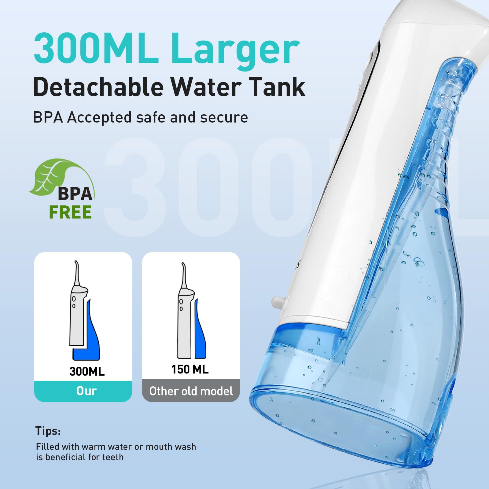 COSLUS Water Dental Flosser Teeth Pick: Portable Cordless Oral Irrigator 300ML Rechargeable Travel Irrigation Cleaner IPX7 Waterproof Electric Waterflosser Flossing Machine for Teeth Cleaning F5020E