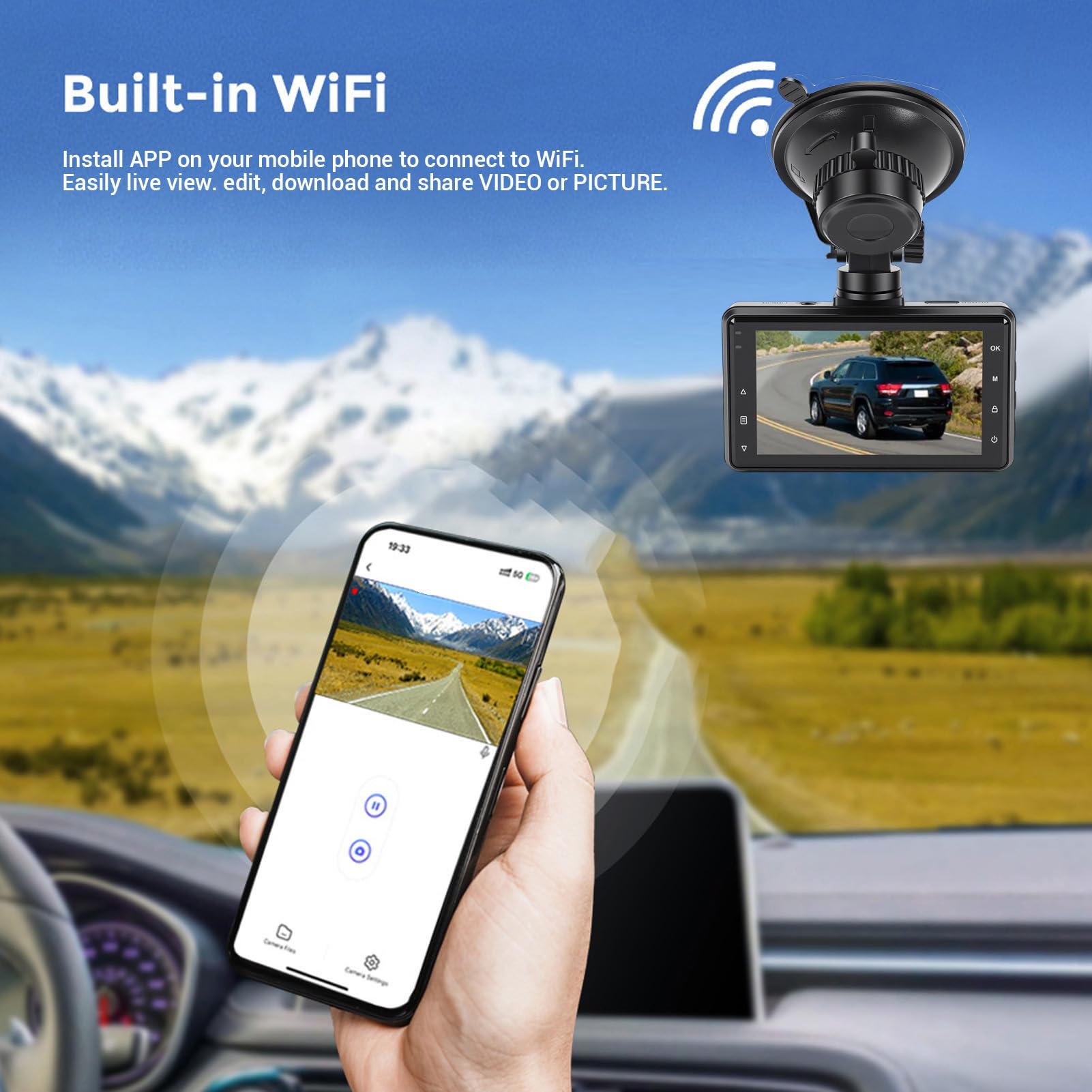 Cuifati Podwójna Kamera Samochodowa 4K z Przodu i z Tyłu, Kamera Samochodowa 4K+1080P do Samochodów, Kontrola Aplikacji WiFi 2,4G, Wykrywanie Kolizji Czujnika G, Nagrywanie w Pętli, do
