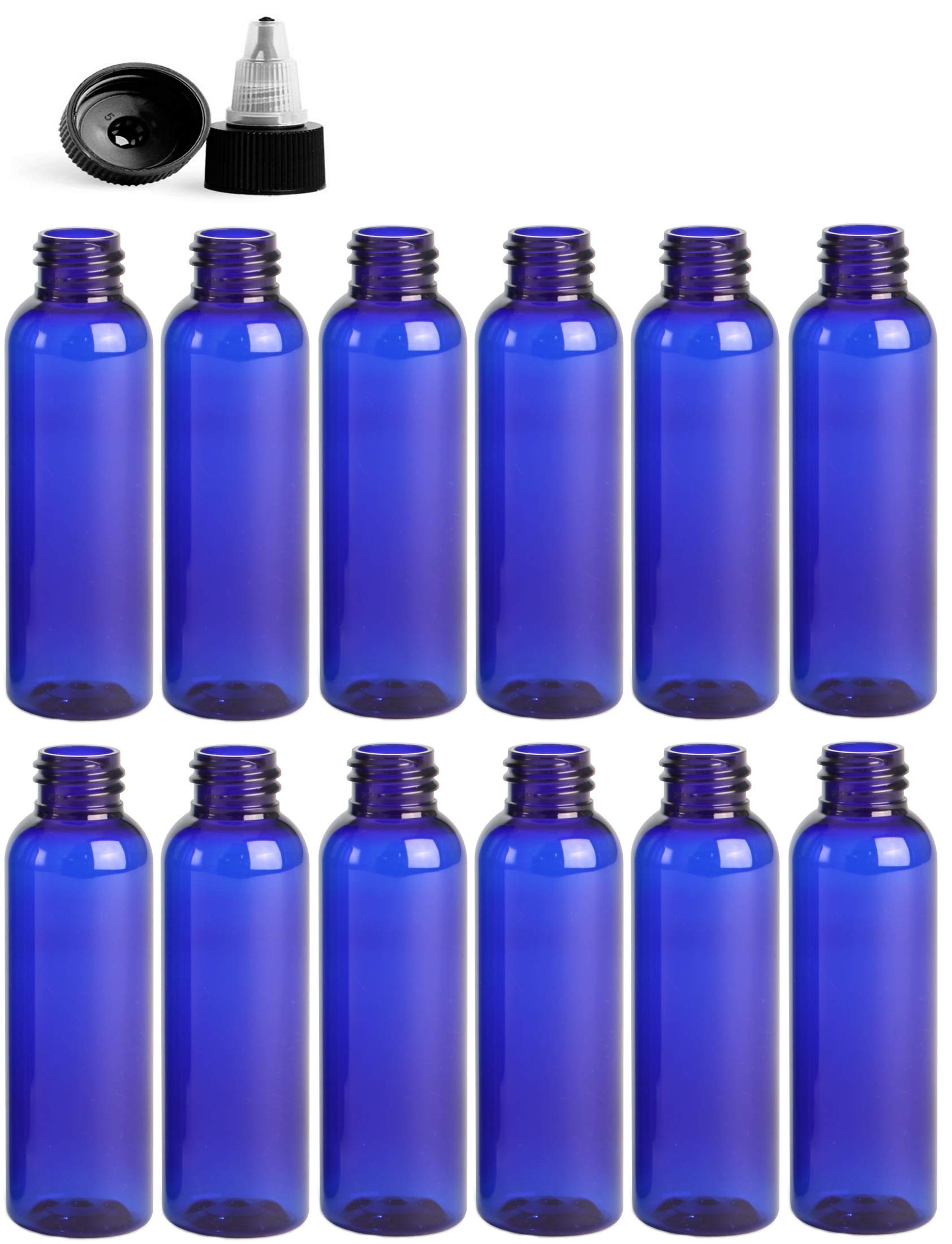 2 Ounce Cosmo Round Bottles, PET Plastic Empty Fillable BPA-Free, with Black/Natural Twist Top Caps (Pack of 12) (Blue)
