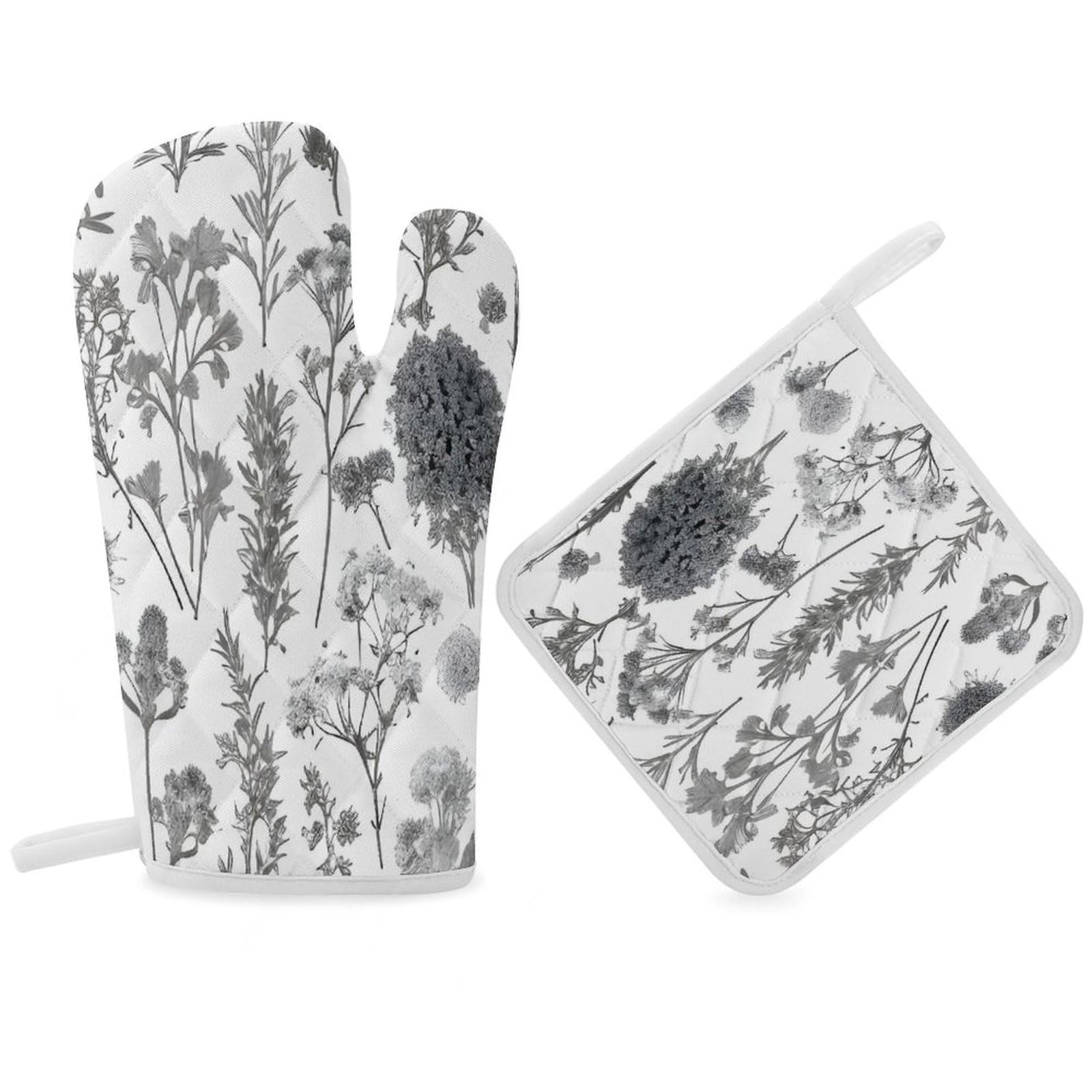 Fodpand Women's Style Flowering Herbs And Herbaceous Plants Oven Mitts And Pot Holders Sets,Oven Gloves For Kitchen Oven Mitts And Potholders For Baking Cooking Grilling Apartment Essentials