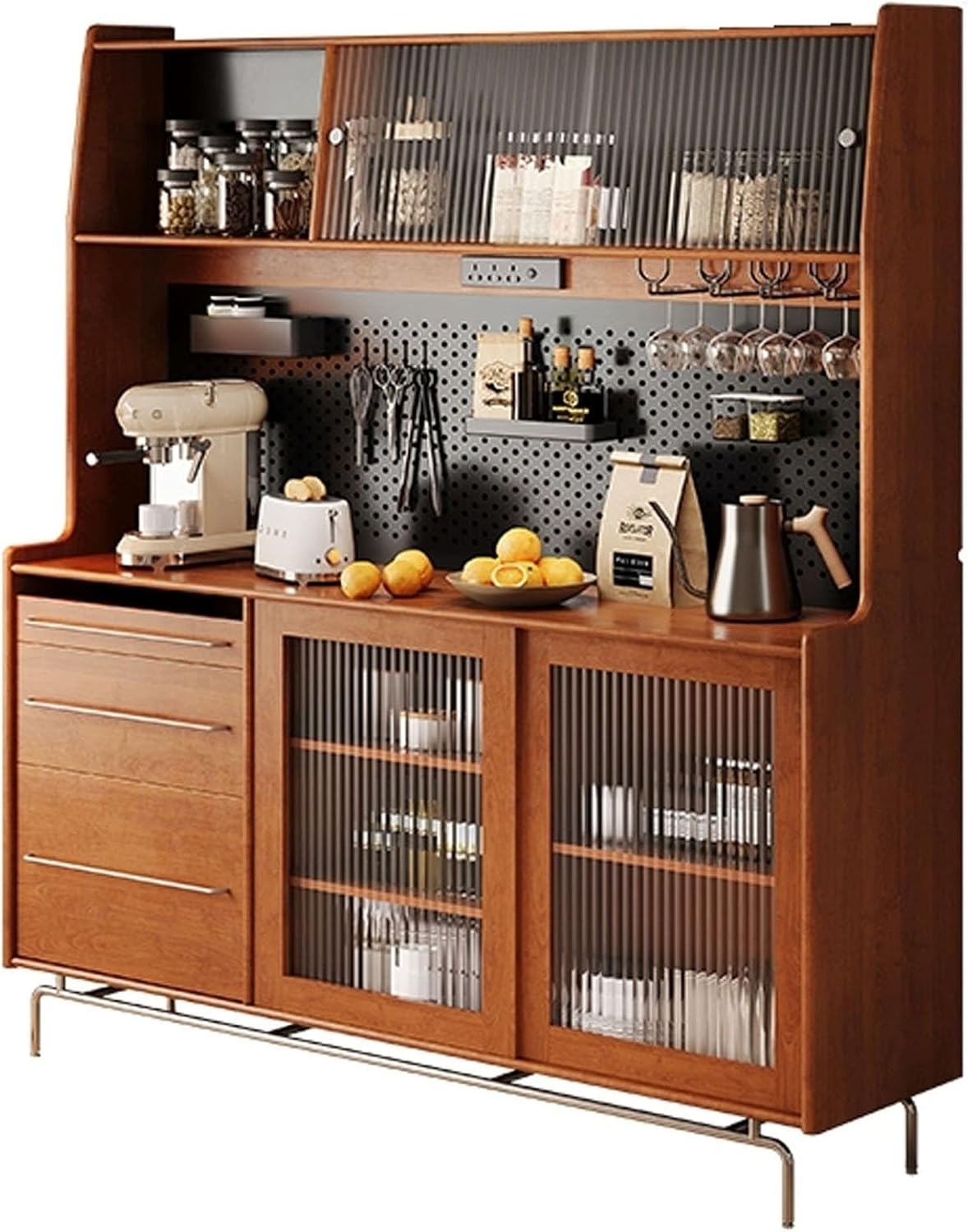 Sideboard Buffet Cabinets with Glass Doors, Kitchen Pantry Storage Cabinet Buffet Coffee Bar Hutch Cupboard with Pegboard and Drawers Storage(150cm/59in)
