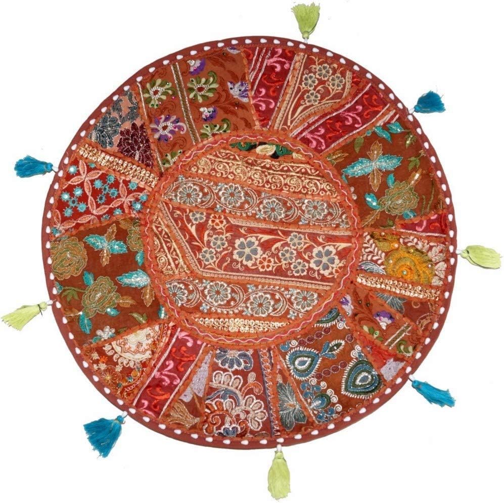 Sophia Art Round Floor Pillow Cushion Patchwork Pouf Ottoman Vintage Indian Foot Stool Bean Bag Floor Pillow Cover Home Decor Living Room Ottoman Bohemain Pillows (Brown, 22 Inch)