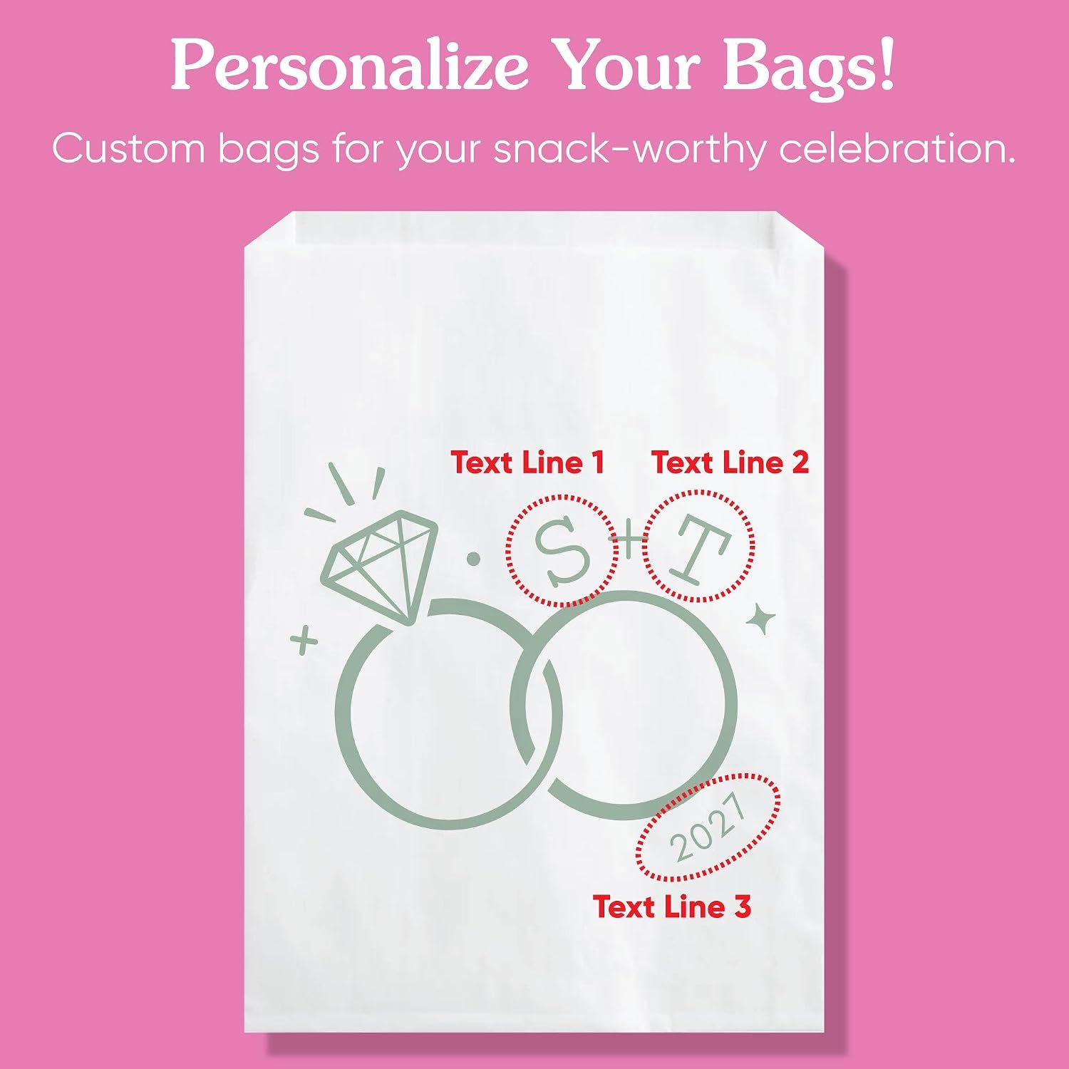 Big Dot of Happiness Personalized Sage Green Wedding Rings Paper Treat Bags, Custom Monogram Initials Engagement Party Candy Snack Favors, Greaseproof White Sandwich Cookie Bags - 25 Count
