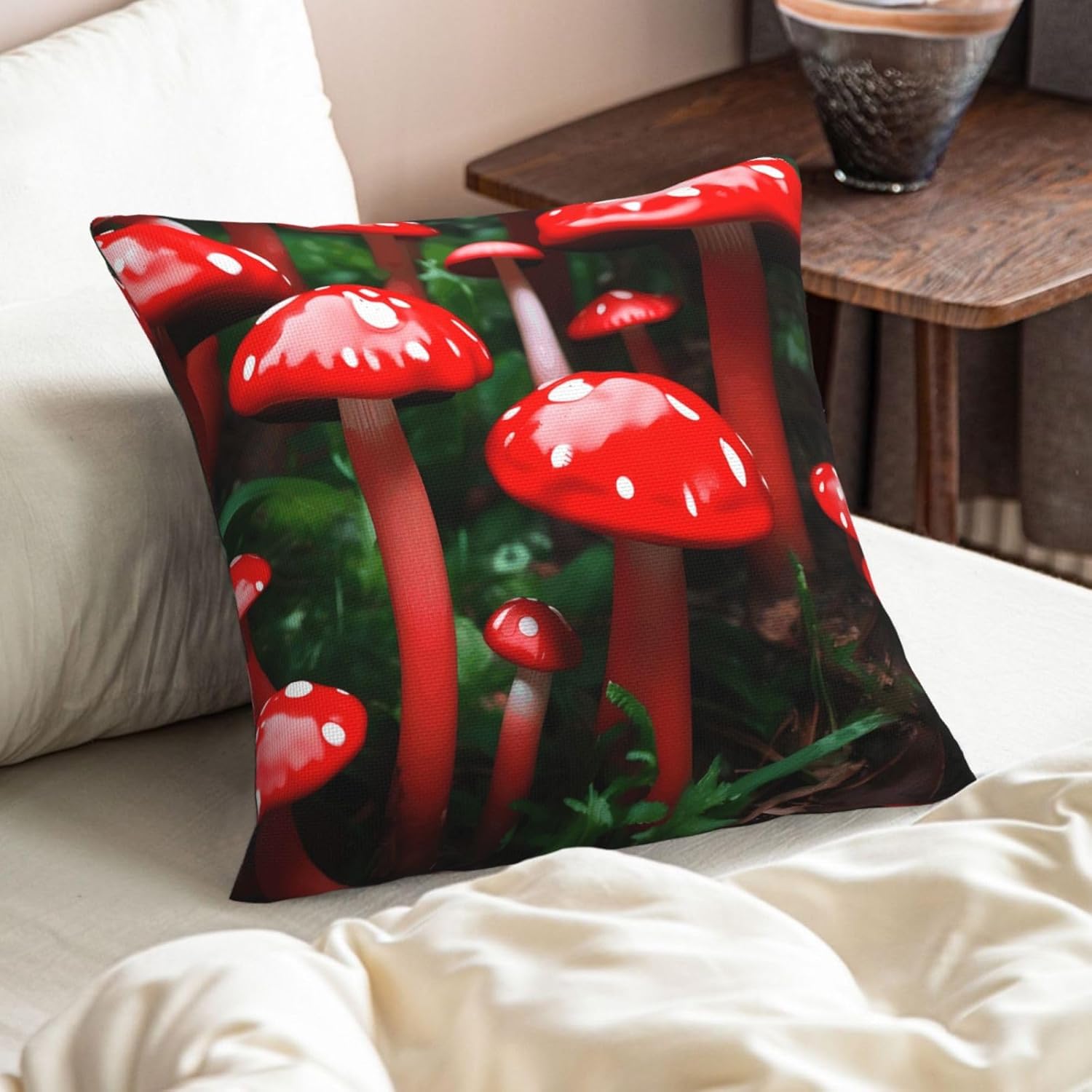 Red Mushrooms Imitation Linen Pillowcase -2 Sets, Fashionable Home Decoration, Used for Sofas, Gardens, beds