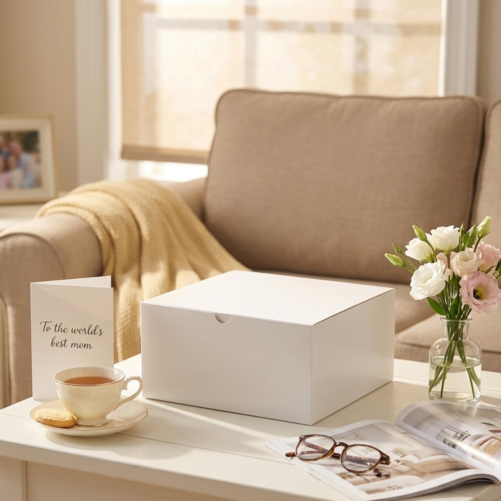 PACKQUEEN 10 Geschenkboxen 20.3x20.3x10.2 cm, Geschenkboxen mit Deckel, Boxen für Geschenke, Brautjungfer, Antragsboxen, weiße Geschenkboxen für leichte Geschenke, Basteln (glänzendes Weiß, Maserung)
