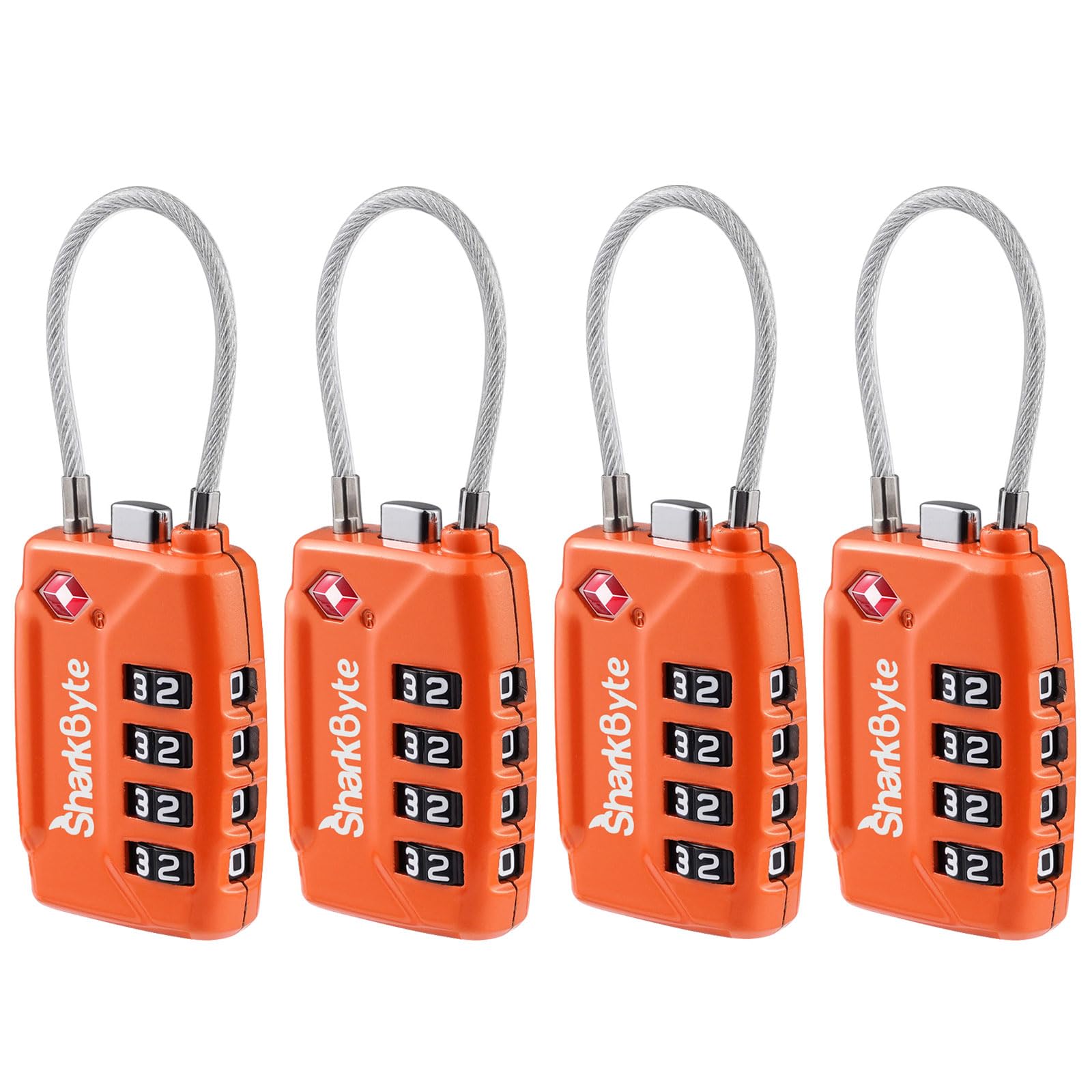 Sharkbyte Orange Tsa Approved Suitcase Locks - 4-Dial Security Travel Combination Padlock, Flexible Cable Wire Travel Lock For Suitcases, Luggage Locks, Case Travel Bag Gym Locker Code Small Padlock (4 Pack)