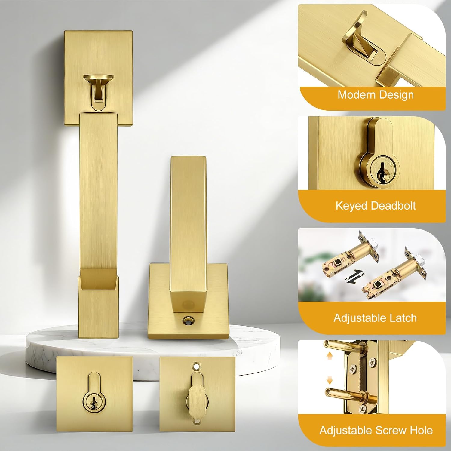 Probrico Gold Front Door Handle Set,Exterior Door Handle with Deadbolt,Entry Door Lock Set,Single Keyed Cylinder with Door Lever