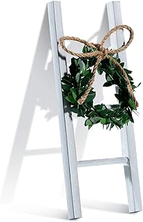 Wooden Farmhouse Ladder Tiered Tray Decoration Mini Ladder Decoration with Wreath Rustic Farmhouse Decor Ladder Sign, 7.87...