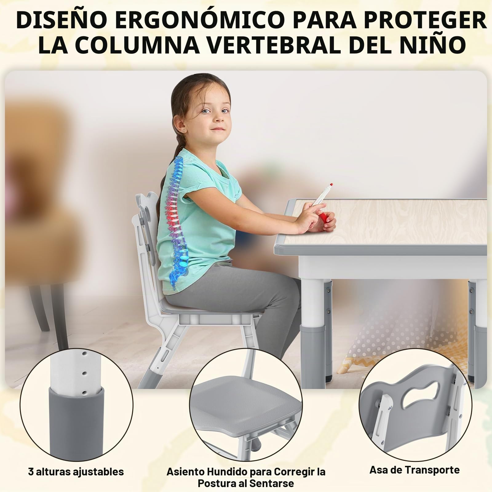 Mesa infantil con 2 sillas, grupo de asientos para niños, altura regulable de HDPE y ABS, mesa de juegos multifuncional para niños a partir de 2 – 10 años, juego de sillas ergonómicas para