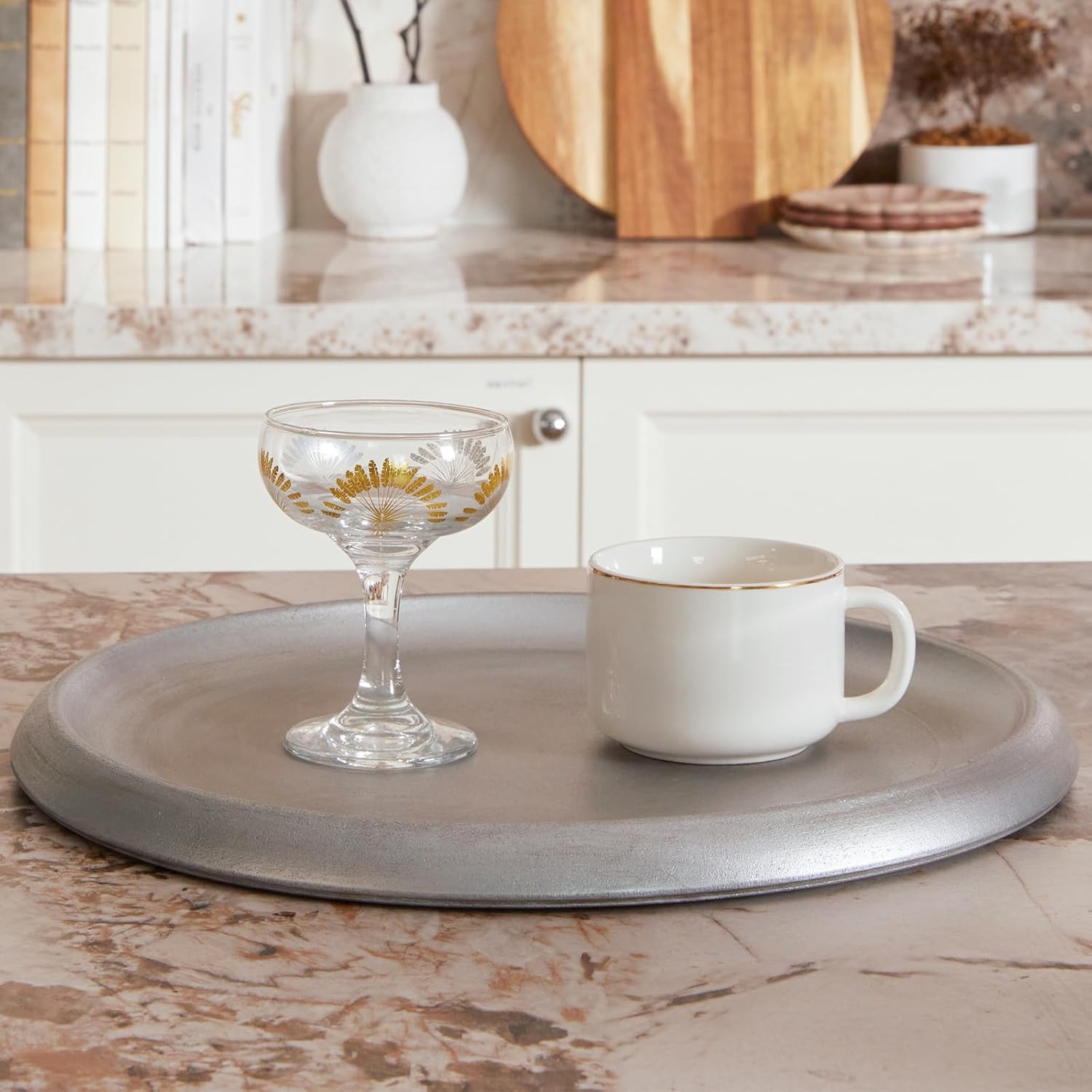 DN DECONATION Silver Ottoman Tray, Large Round Decorative Trays for Home Decor, Coffee Table Trays for Perfume, Jewelry, Living Room, Table Centerpiece, Bathroom Decor, Couch