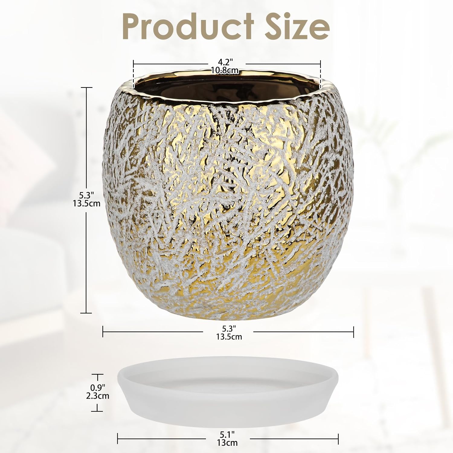 Ceramic Plant Pots for Plants Indoor 5.3 Inch Round Gold and White Flower Pot Gilded Decorative Planter with Drainage Hole and Saucer Modern Ceramic Pot for Succulents Orchids Cactus Herbs Home Decor