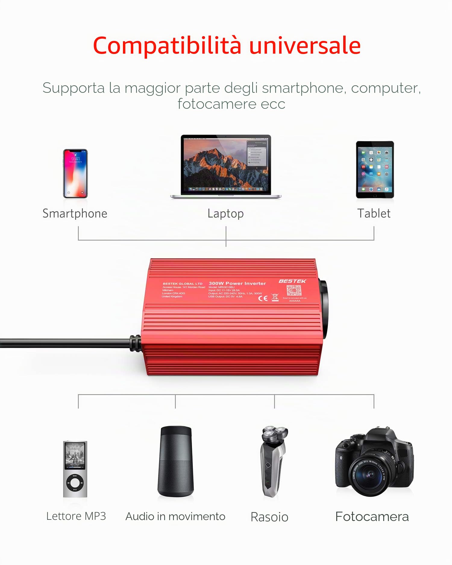 BESTEK 300W Inverter da Auto 12V a 220V con 2 Porte USB 2,4 A, Trasformatore Invertitore di Potenza per Camper Viaggio[Onda Sinusoidale Modificata, Adattatore Accendisigari, Clip per Batteria]