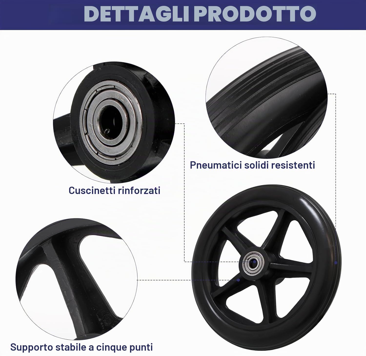 4 pezzi ruote di ricambio solide da 150 mm, materiale in gomma ecologico, pneumatici in PU resistenti all'usura, mozzo in ABS antiscivolo e durevole, ruote di ricambio per sedie a rotelle