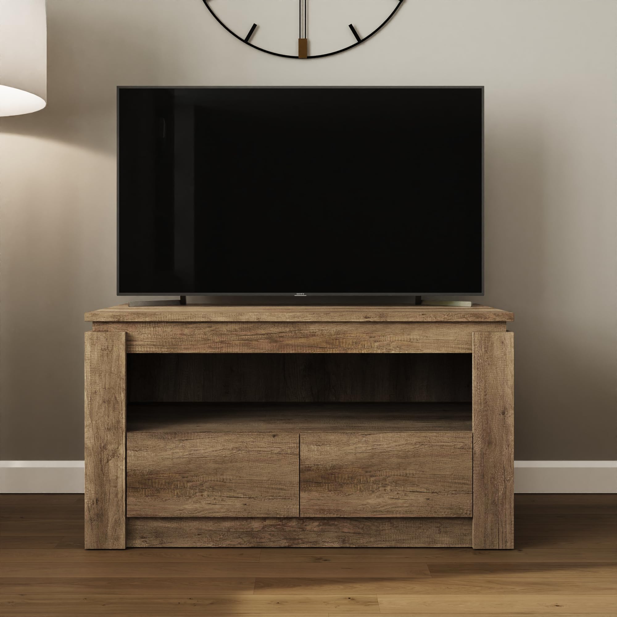 GFW Canyon 2 Drawer TV Unit - Charcoal Grey Wood Effect - Rustic Industrial Design