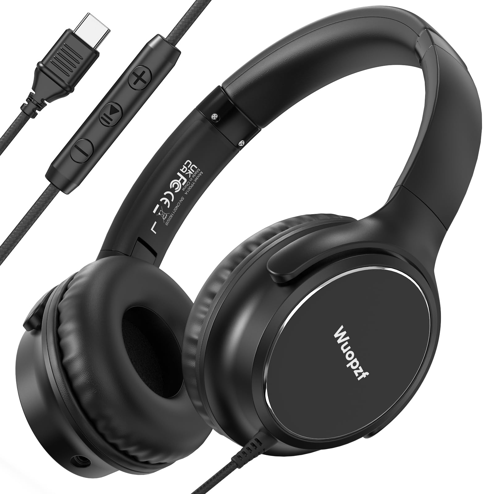 USB C Wired Over-Ear Headphones with Microphone, Volume Control, Share Port, and Adjustable Headband Foldable Stereo Headset for iPhone 16, Samsung,