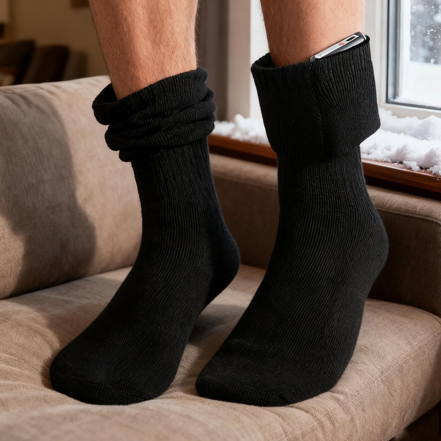 Lifestyle image of heated socks in use outdoors