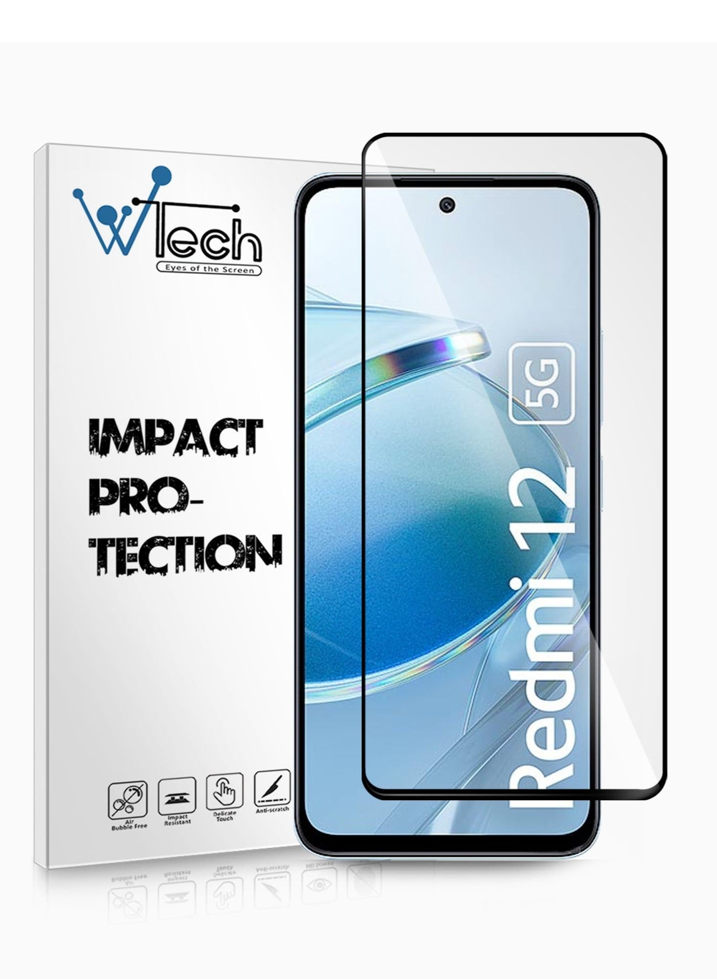 Wtech Premium E2E Full Glue Full Cover Tempered Glass Screen Protector for Xiaomi Redmi 12 4G/5G 2023, Clear/Black