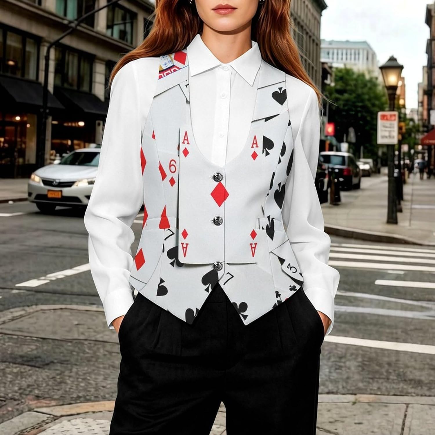 Poker Cards Women's Tuxedo Waistcoat Suit Vest | 3 Button V-Neck Slim Fit Casual Sleeveless Top