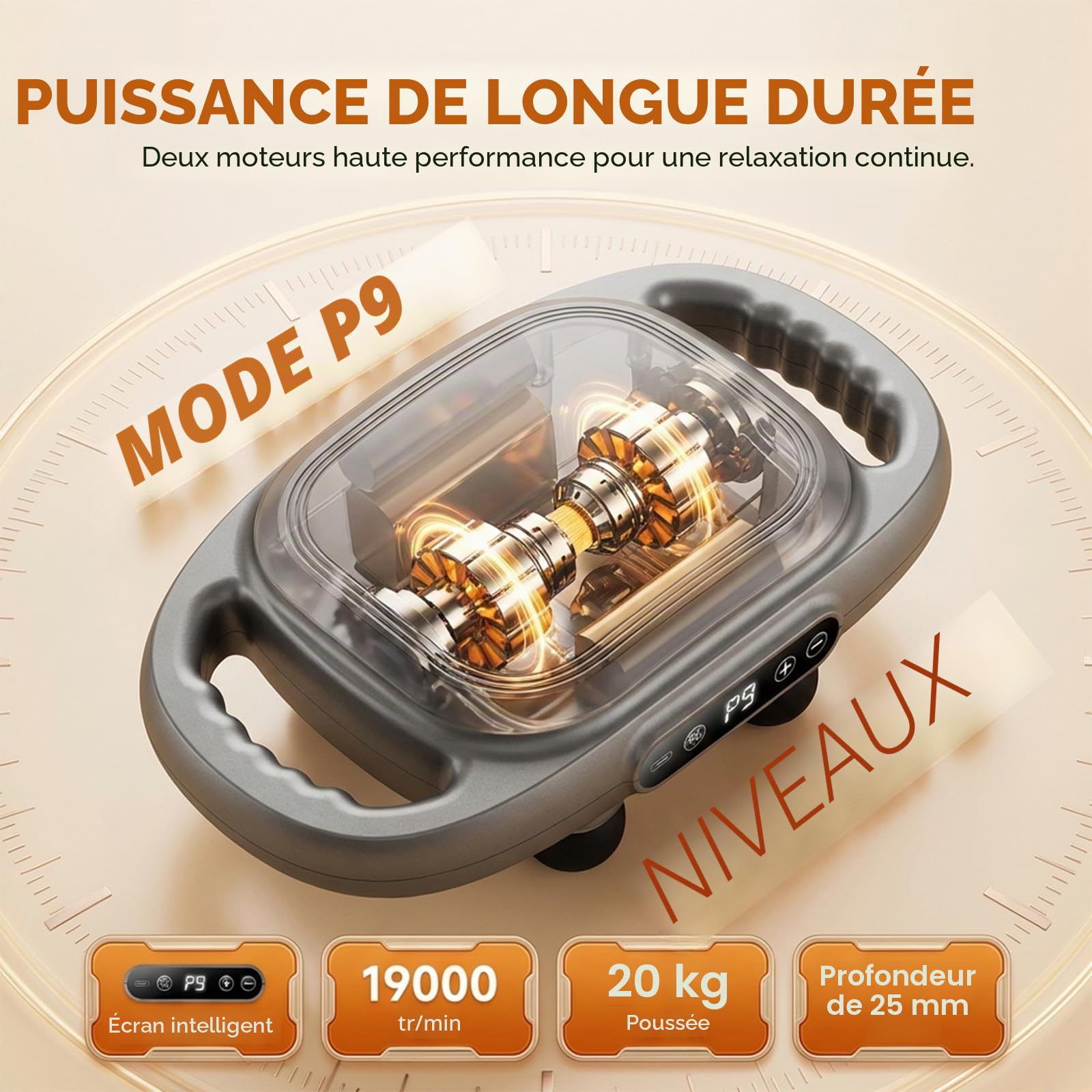 Pistolet de Massage 12 Têtes Tissu Profond pour Dos Jambes Nuque avec Chaleur 9 Modes 9 Intensités Silencieux 35dB Masseur Corporel
