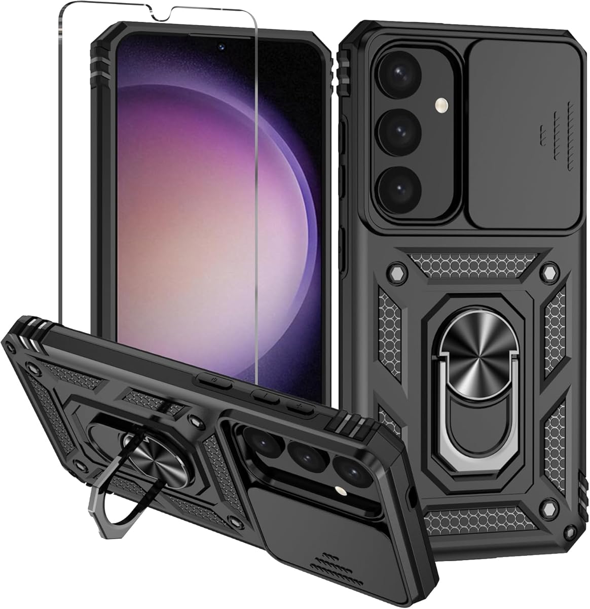 für Samsung Galaxy S24 Hülle: Kameraschutz Schutzhülle Mit Schutzfolie Drehbarer Fingerring Ständer Militärqualität Stoßfest Bumper Handyhülle für Samsung S24 Case Schwarz