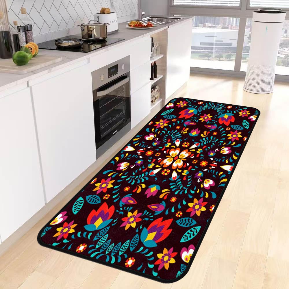 Mexican Flowers Kitchen Rug,Kitchen Runner Rug Non Slip Washable Standing Desk Mat Laundry Room Runner Rug Area Rugs for Floor Bathroom,Hallway,Office