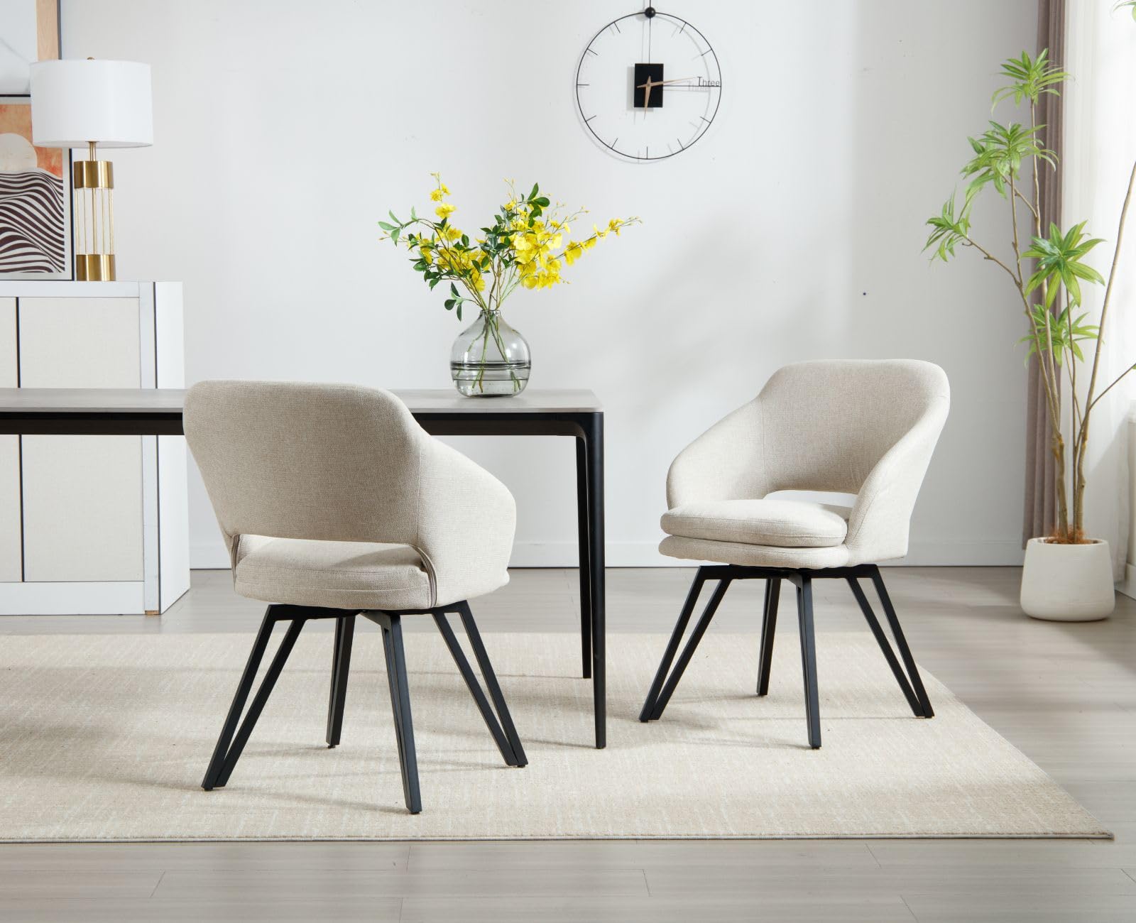 chairus Juego 2 de Sillas Cocina Tapizadas de Lino Sillas de Comedor Modernas Giratoria con Patas de Metal, Sillas Restaurante diseñas con Cojín Doble para Hogar/Cafetería, Avena