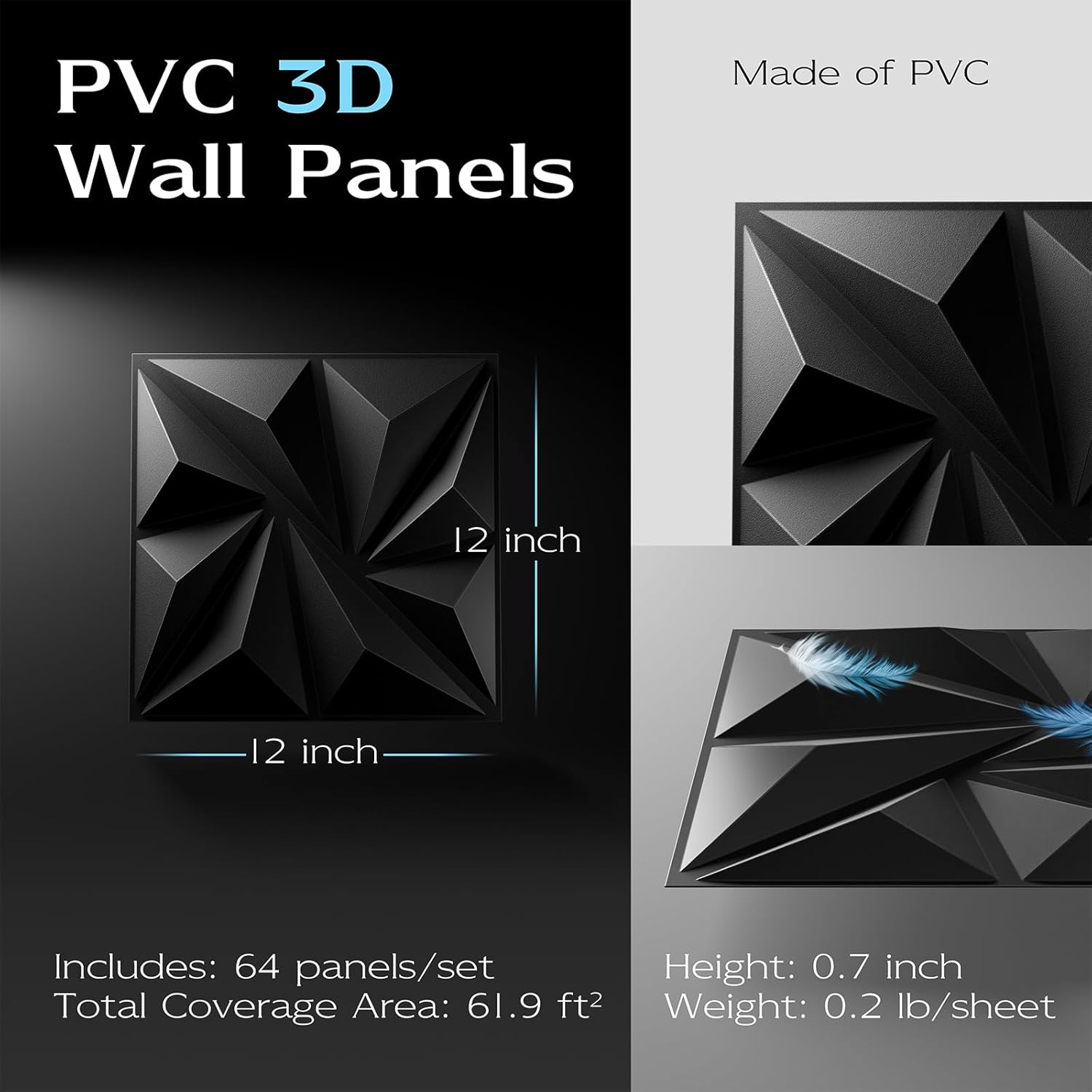 64-Pack Black 3D Wall Panels, 94" x 94" Textured Geometric Design Wall Tiles, PVC Decorative Wall Panels for Living Room, Bedroom, Bathroom, Office, Modern Wall Decor, Easy Install & Paintable