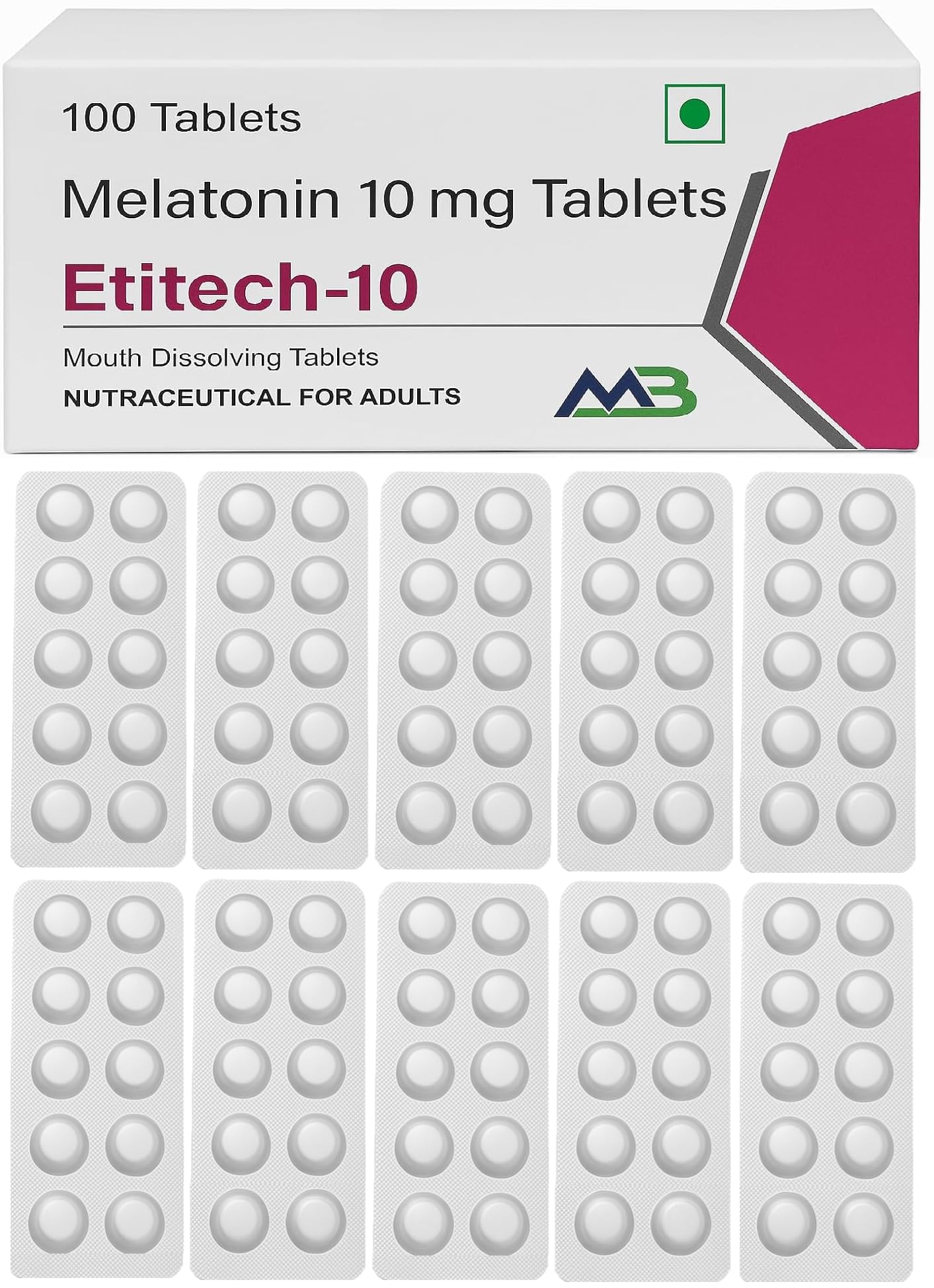 Etitech-10 Melatonin 10mg | Nutritional Supplement | Vegetarian, 100 Tablets | Natural Sleeping Aid pills for Restful Deep Sleep| Nutraceutical For Adults