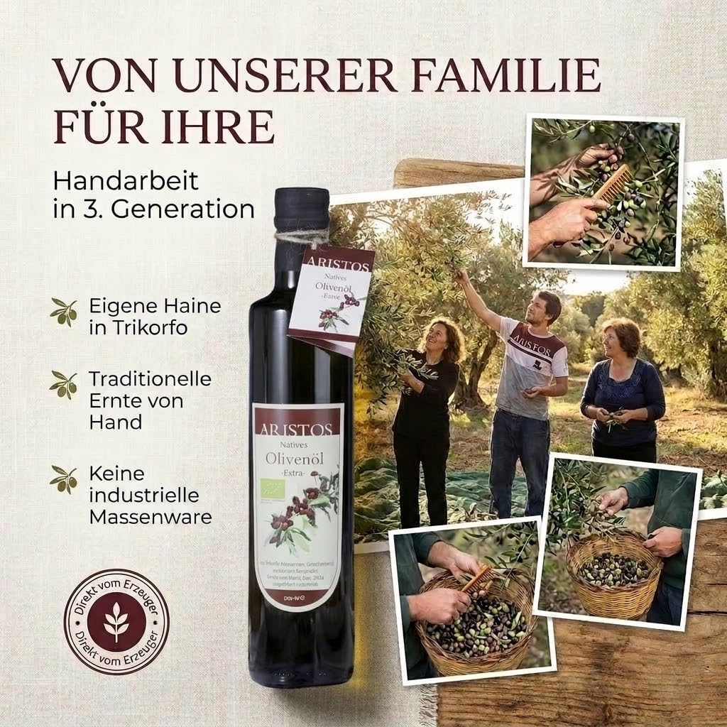 ARISTOS Bio-Olivenöl nativ extra, kaltgepresst – 3x 500 ml Koroneiki-Olivenöl naturtrüb, direkt vom Erzeuger - Premium-Qualität, handgeerntet, ungefiltert, vegan & nachhaltig - Griechenland (Messinia)