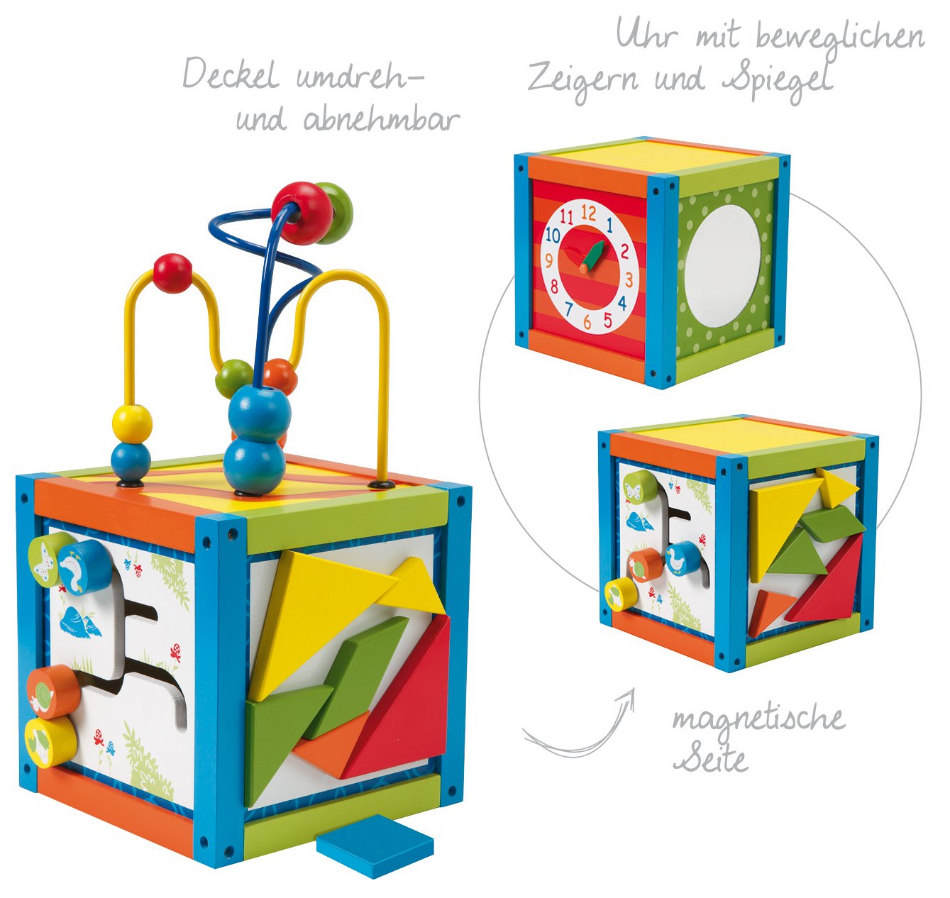 roba Cube d'Activités Labyrinthe en Bois - 5 Faces de jeux différentes - Jeu pour Apprendre l'Horloge, les Formes et les Couleurs