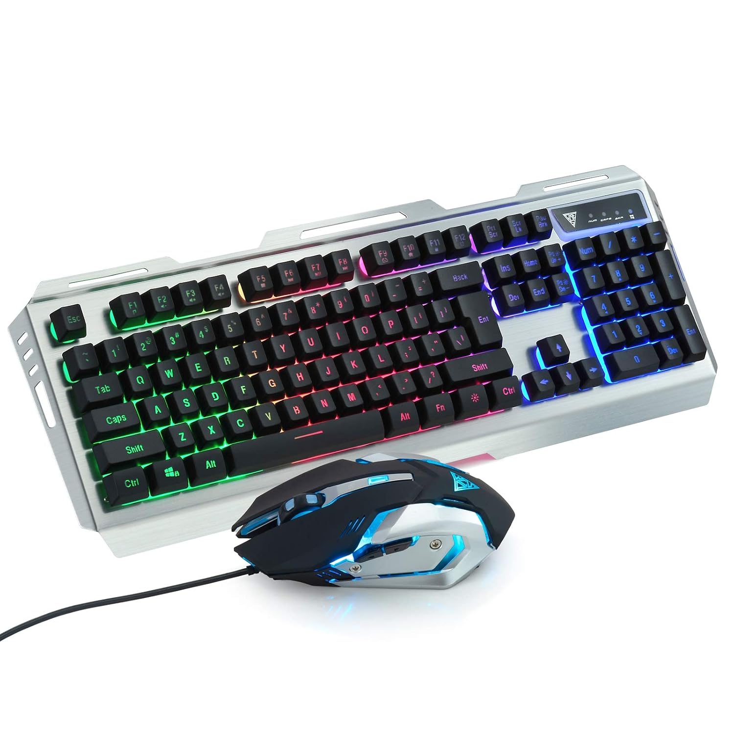Wired Water-resistance Gaming Keyboard and Mouse Combo with 7 LED Backlit Model,Metal Plate, Quick Response, Ergonomic Design for Professional Gamers（104 keys, Silver）