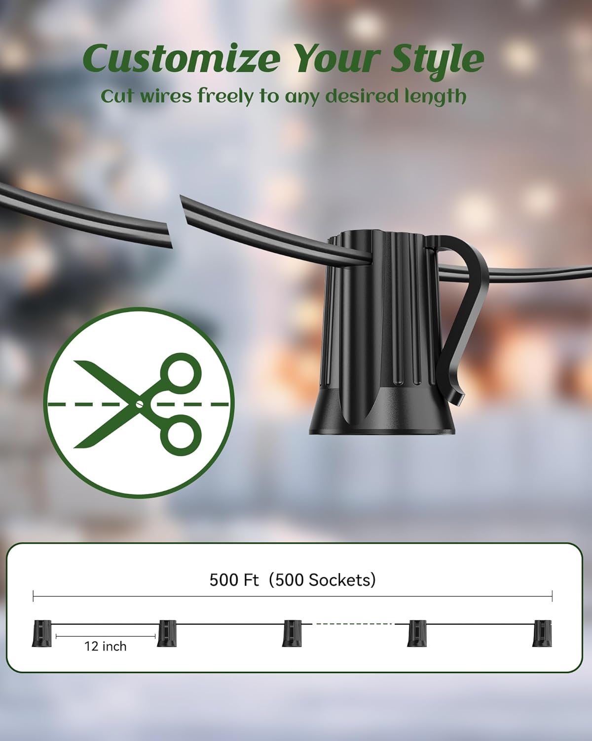 Brightown Commercial 500FT C7/E12 Christmas Light Sockets Set Spool, UL Listed Patio String Lights, 12" Spacing Black Wire