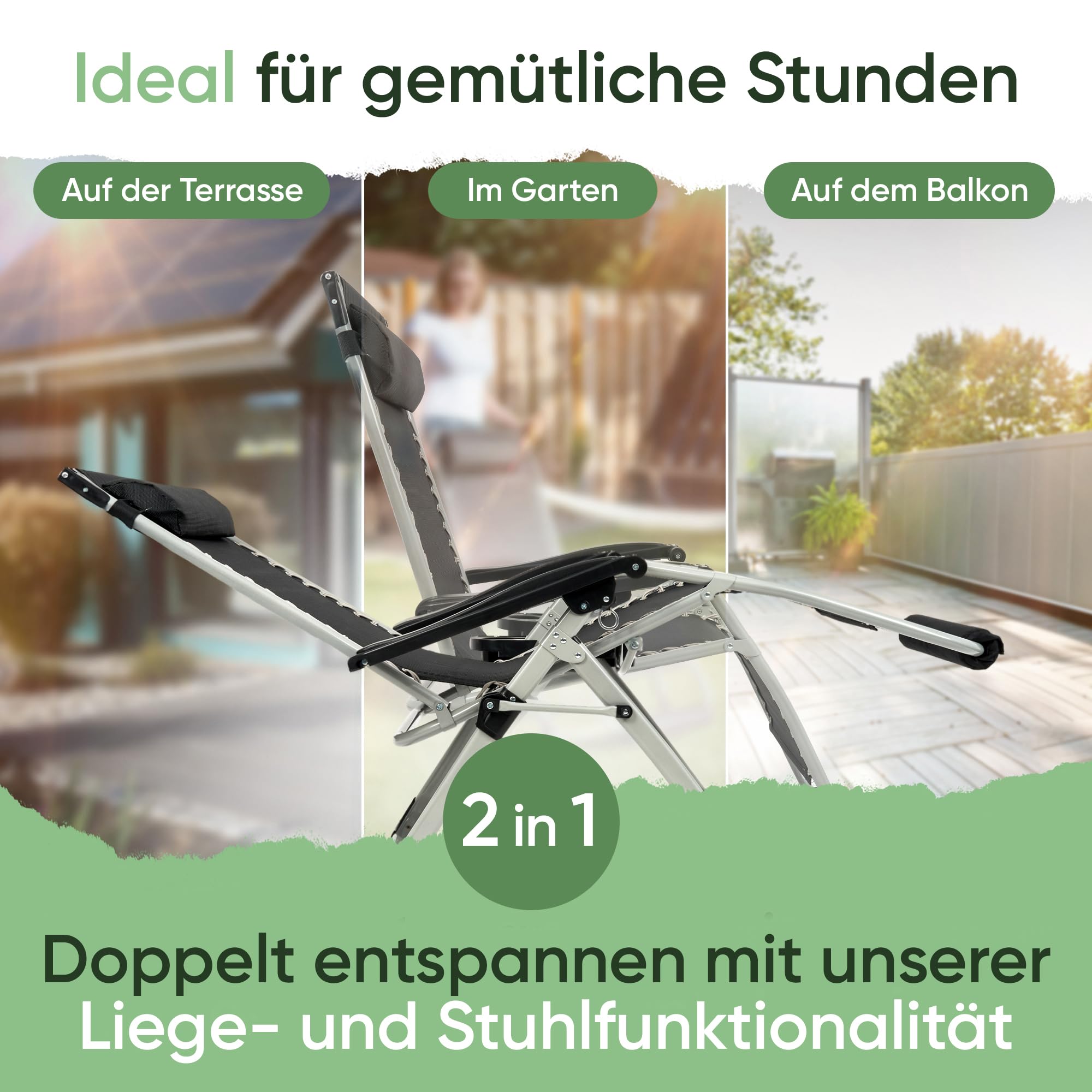 NatureLiving® Sonnenliege Liegestuhl klappbar- Robust, Faltbar & Wetterfest - Gartenliege mit Fußpolster für Garten und Balkon, Klappliege, Balkonliege, Outdoor Liege, Relaxliege, Belastbar 200kg