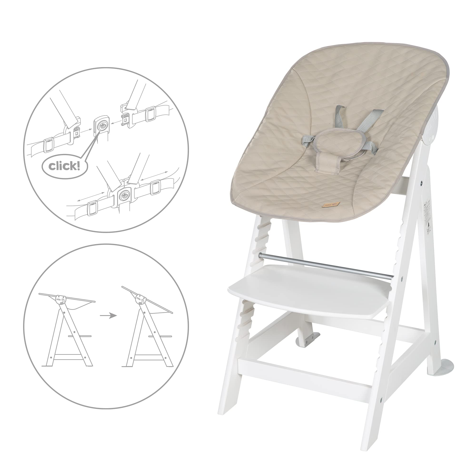 roba Seggiolone "Born Up" Set 2 in 1 - Design "Grigio trapuntato" - Funzione Pieghevole - Imbracatura - 2 Posizioni - da 0 a 6 Mesi - Legno Laccato Bianco/Grigio