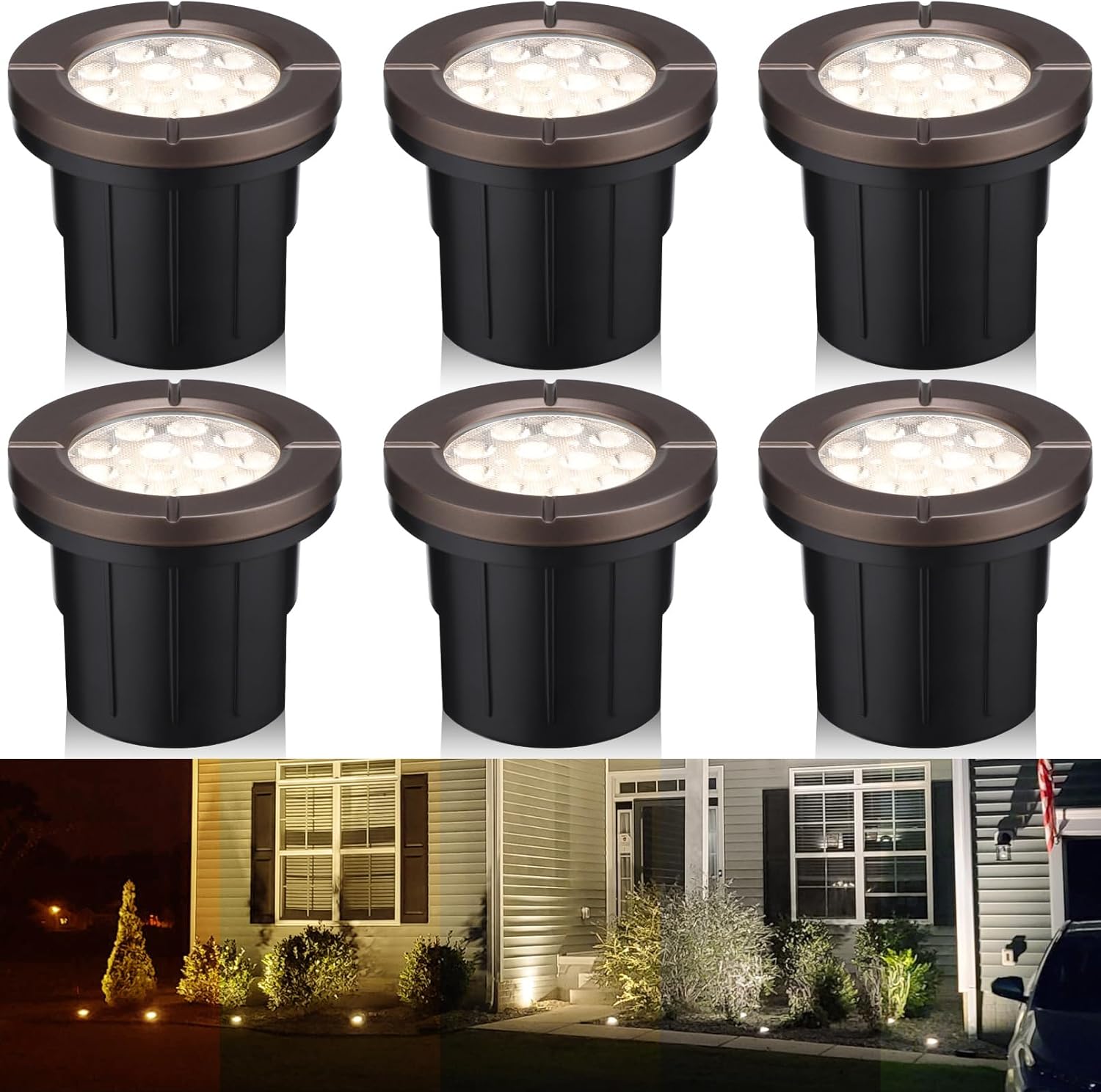 LEONLITE Dia. 4 Inch 5CCT Well Lights Landscape LED In Ground, 5 Color Temperature Selectable, 12-24V AC/DC CRI90 Low Voltage Outdoor Garden Landscaping, Aluminum Housing, Oil Rubbed Bronze, Pack of 6
