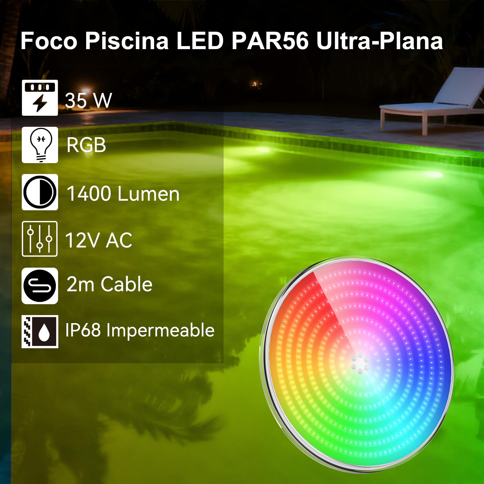 LyLmLe Foco LED Piscina Relleno de Resin, 35W PAR56 Lámpara Piscina RGB Regulable Multicolor Sincronizada LED Bombilla con Remoto, Ángulo de Haz de 140 °,IP68 Impermeable, 12V AC(2 Focos)