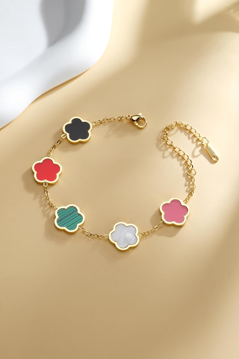 14K Gold-plated Clover Lucky Bracelet Women's Black/White/Pink/Colorful Flower Five Leaf Chain Bracelet Fashion Jewelry Gift -Hypoallergenic Charm for Birthdays, Holiday & Daily Wear - Image 5