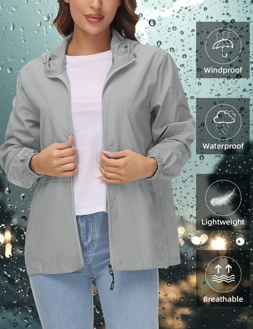 Avoogue Womens Waterproof Rain Jacket Lightweight Raincoat Packable Hooded Outdoor Windbreaker - Image 3