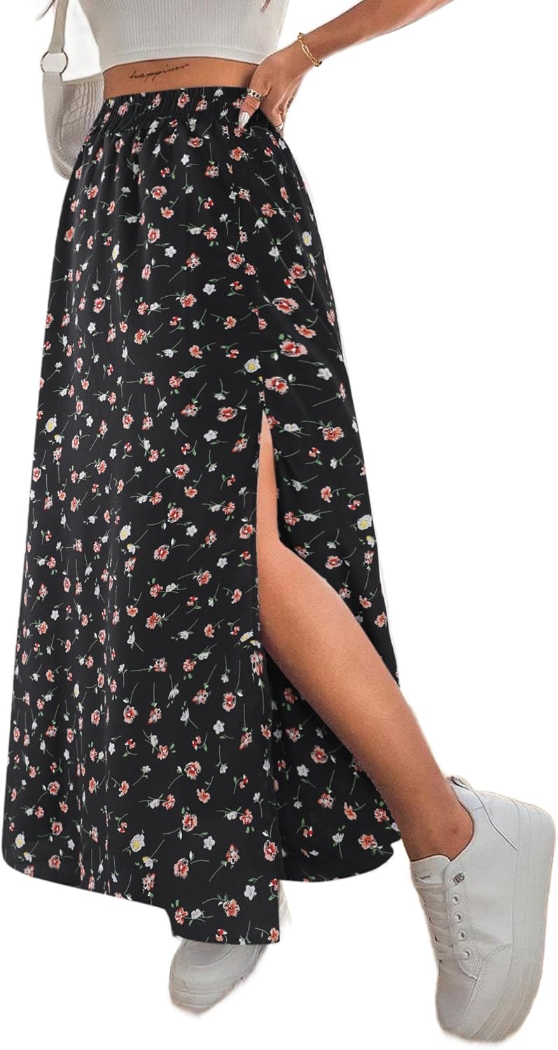 Avanova Women Boho Floral Slit Maxi Skirt Split Thigh High Waisted Long Skirts - Image 4