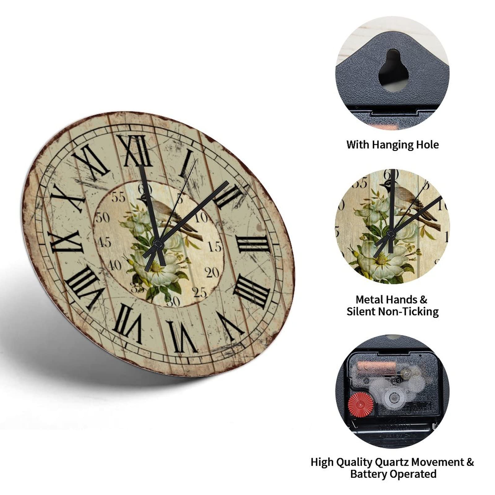 Amazon.com: Bird Flower Wall Clock 12in Roman Numerals PVC Wall