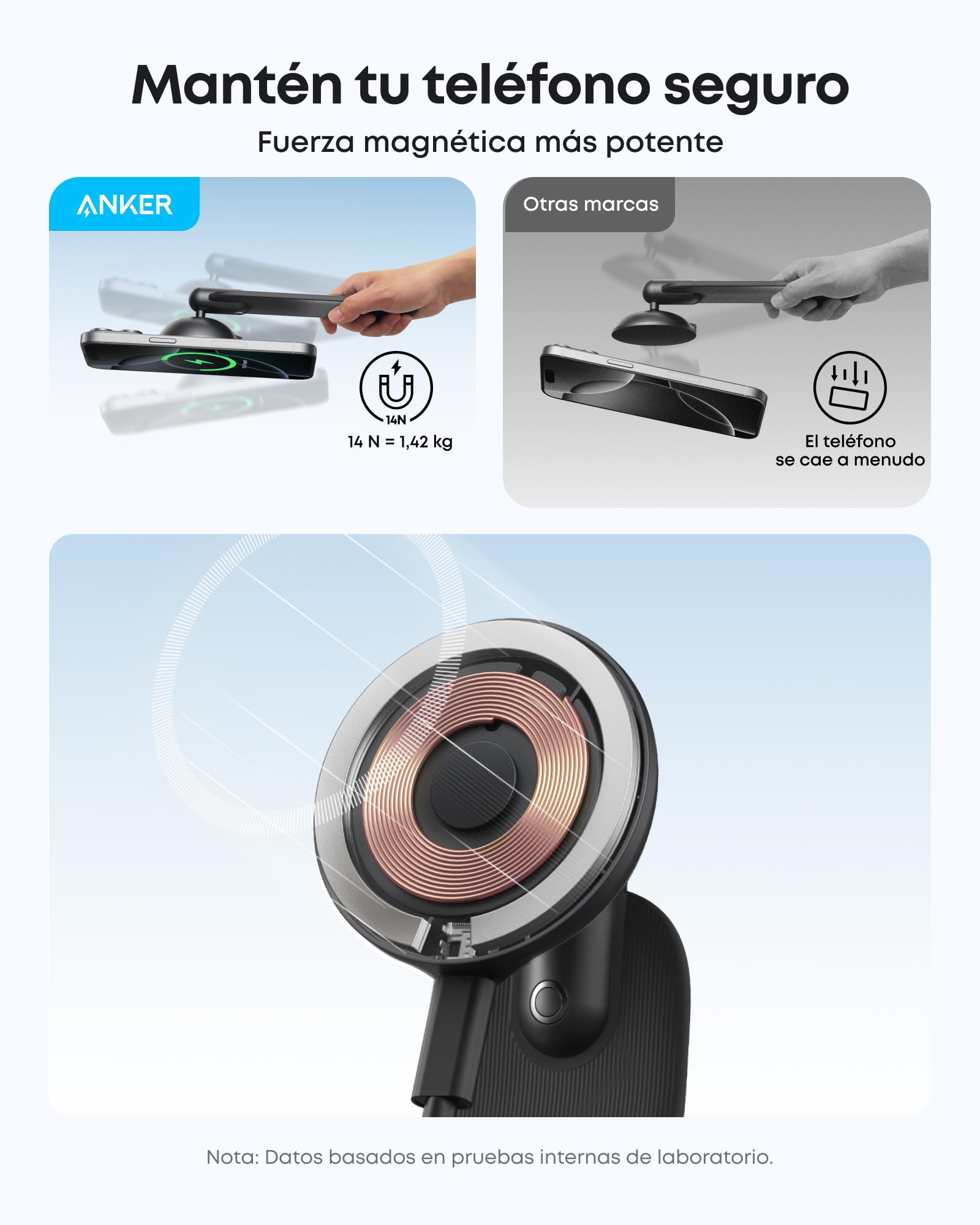 Anker Nano Cargador Coche Inalámbrico para Coche, Cargador Ajustable 360° con Almohadilla Desmontable, Carga Certificada Qi2 de 15W, para iPhone 16/15/14/13/12 (Adaptador Incluido)