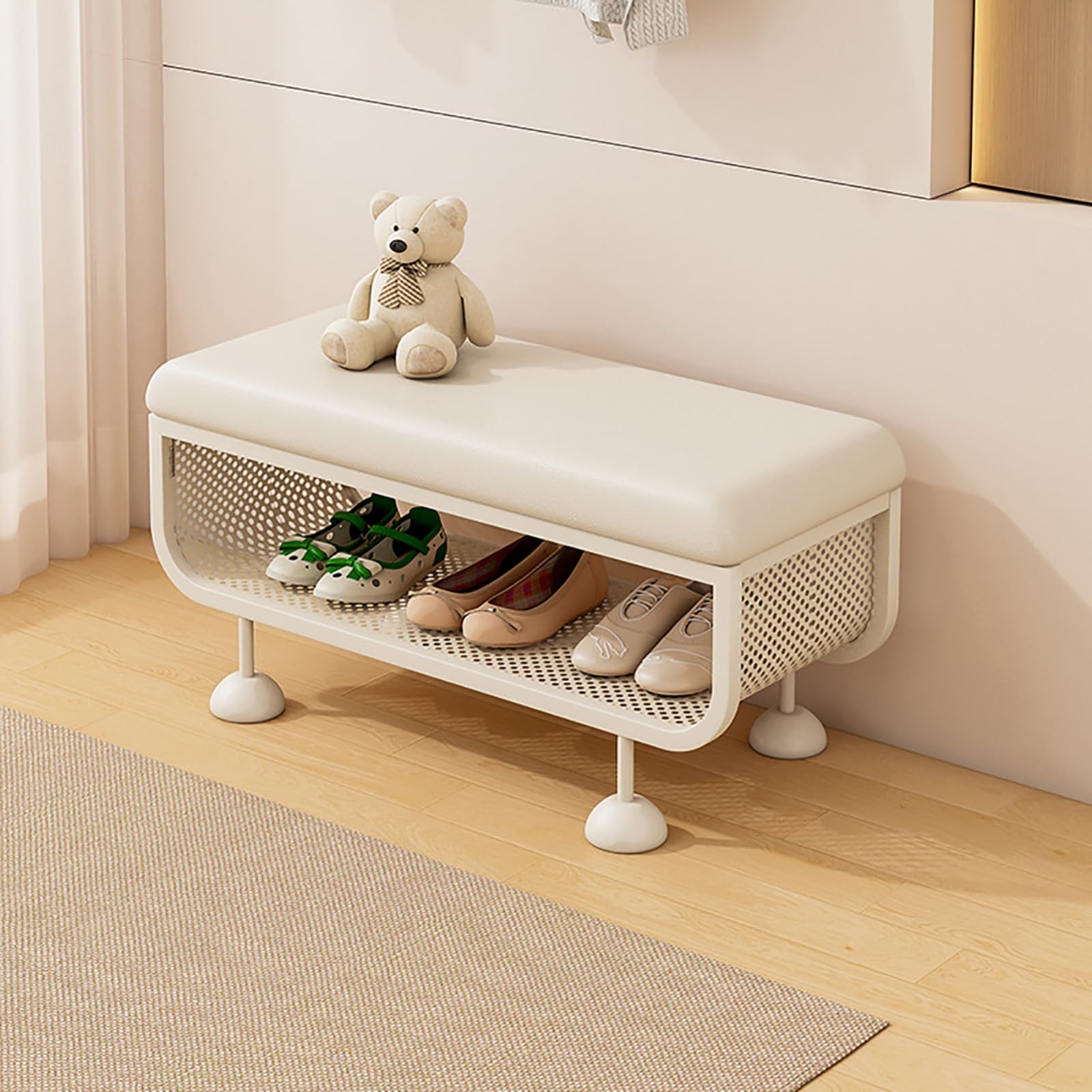 MRMRMNR Shoe Bench with Cushioned Seat - Entryway Hallway Shoe Changing Bench with Ventilated Shoe Rack, Space-Saving Changing Stool Easy Clean Seating for Porch Mudroom Bedroom