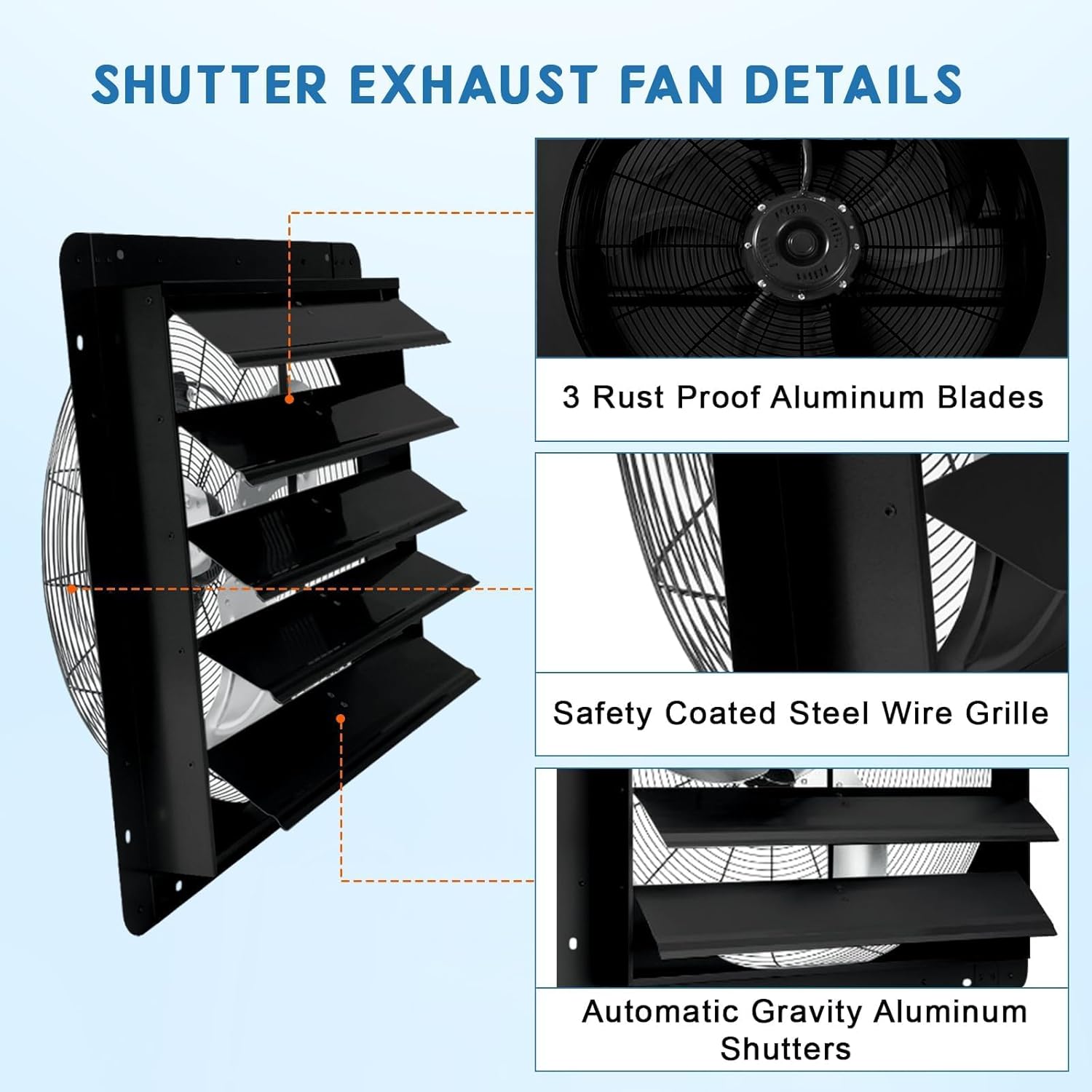 24" Wall Mounted Shutter Exhaust Fan, 3500 CFM Aluminum Blades, 1500 RPM High Speed Low Noise, Automatic Shutter Attic Fan with Exhaust and Intake for Home Attic Garage Greenhouse Shed Basement,Black