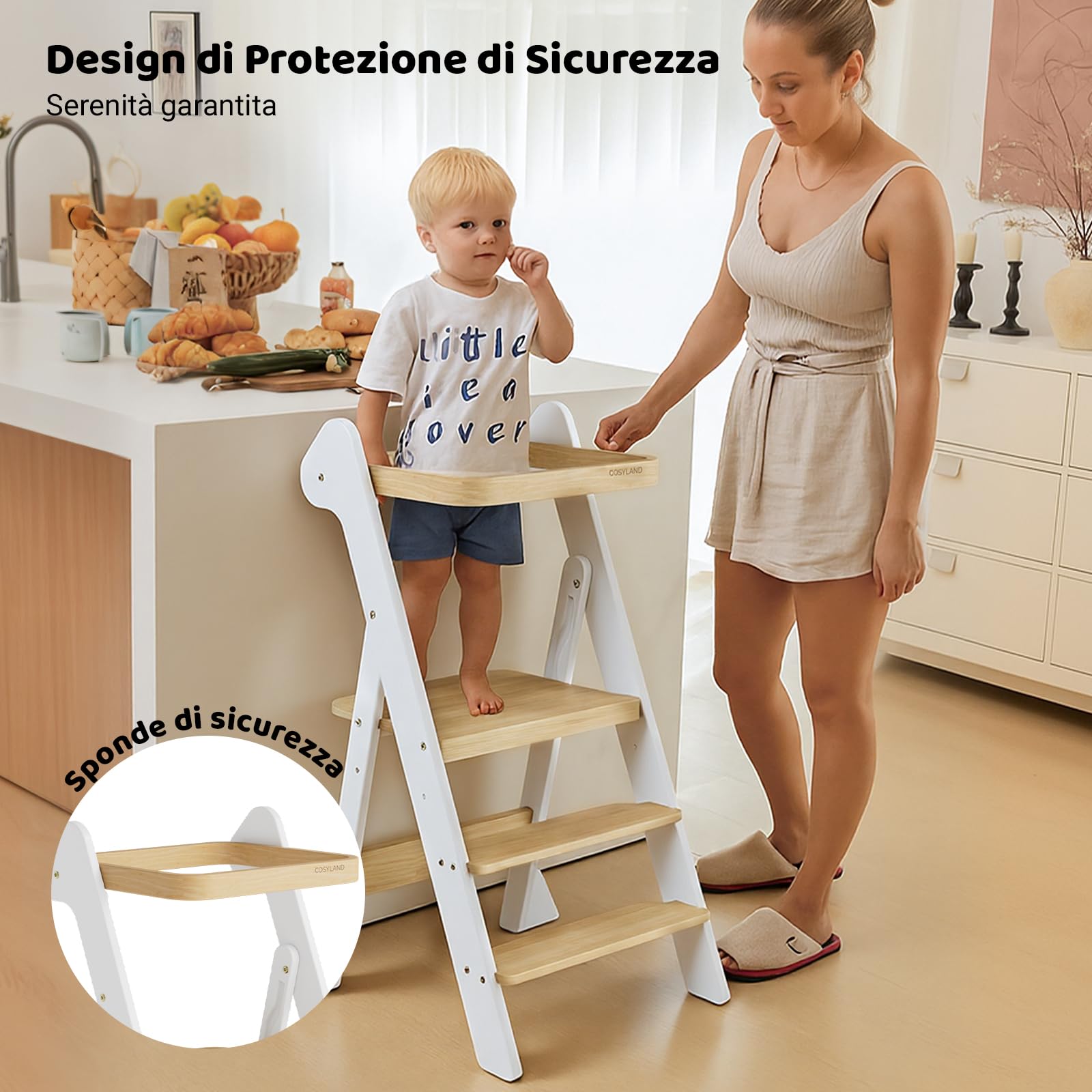 COSYLAND Torre Montessoriana Pieghevole Pre-Assemblata – Torretta Montessoriana Regolabile in Legno, Design Premiato IF, Sicura, Salvaspazio e Adatta ai Bambini 18M-6A (Bianco & Naturale)