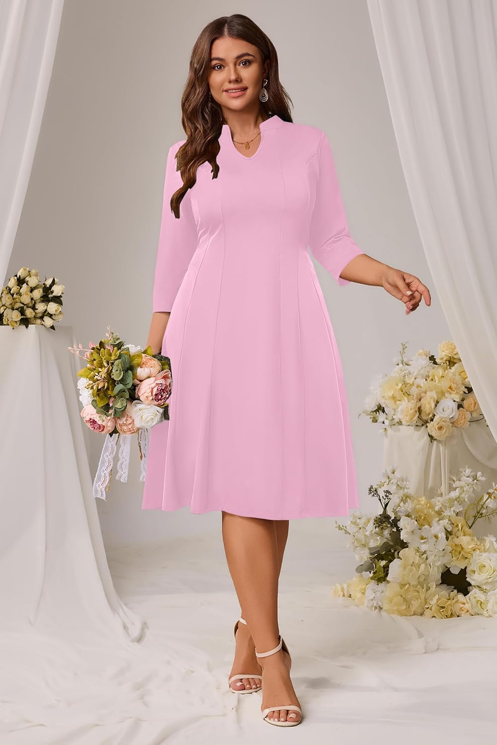 Runwind Plus Size Dresses for Curvy Women, V-Neck 3/4 Sleeve Semi-Formal Fall Church Wedding Guest Cocktail Party Midi Dress - Image 4