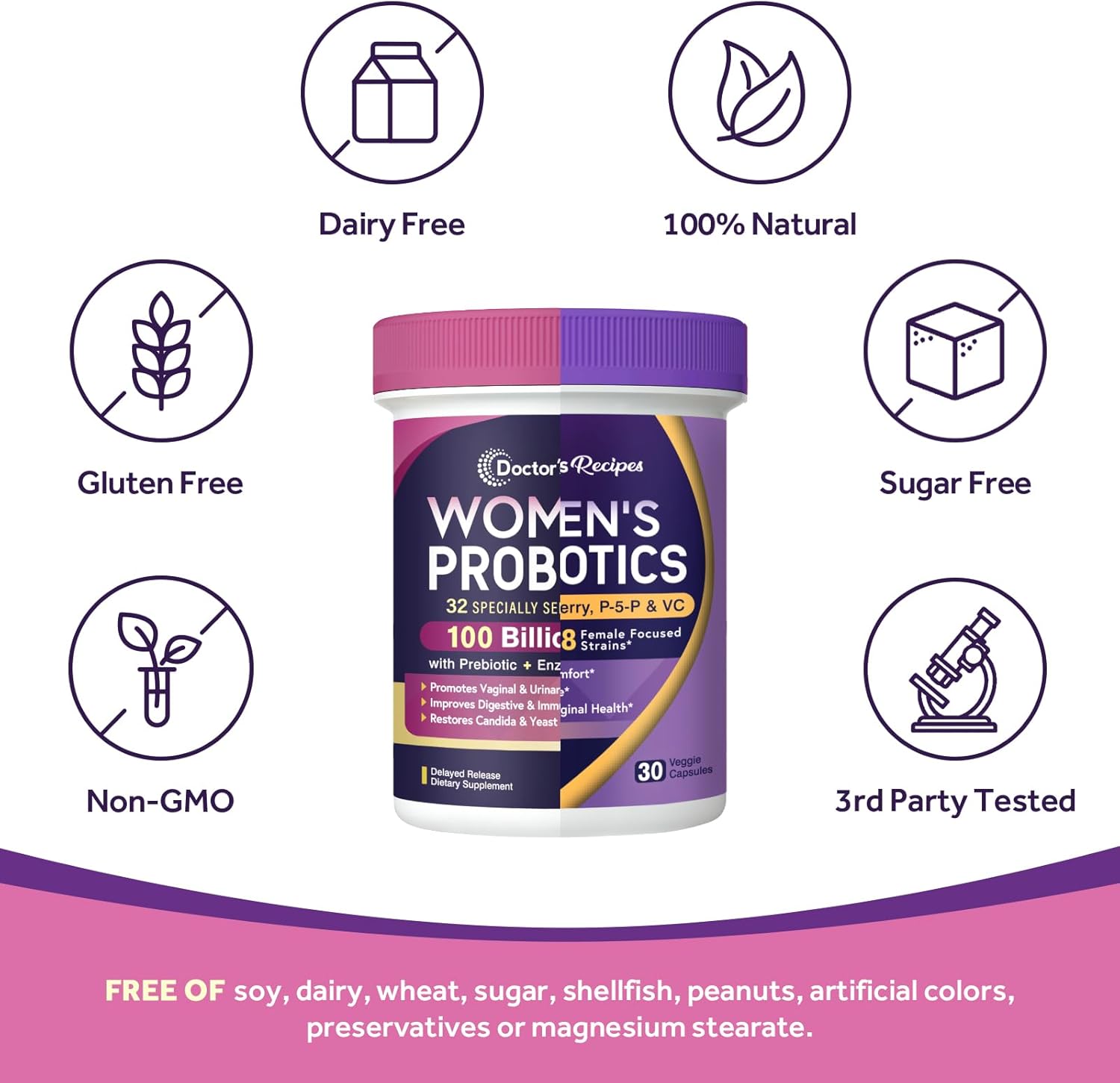 Doctor's Recipes Women’s Probiotics 100 Billion CFU Bundle, Vitamin B6 P5P, Cranberry, Digestion, Vaginal, Mood, Immune, Shelf Stable, Delayed Release